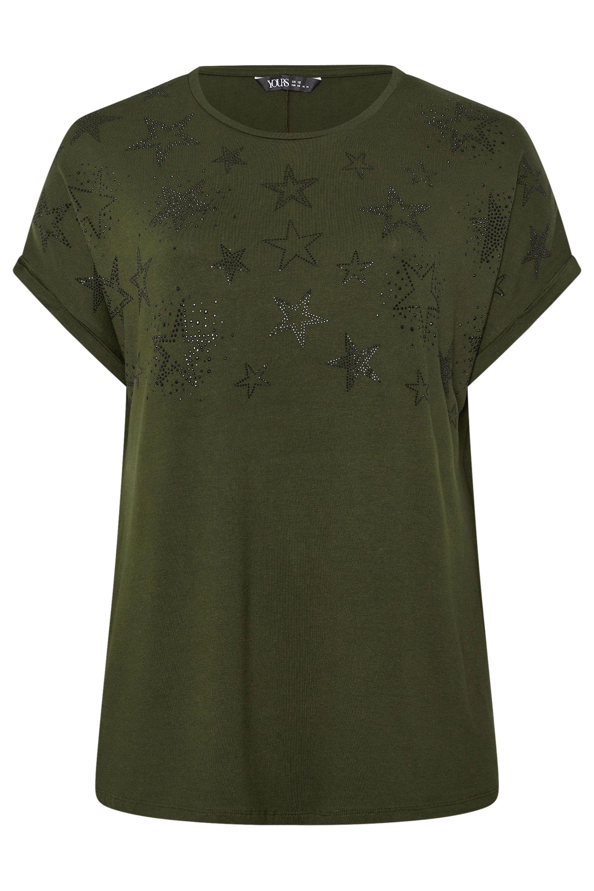 YOURS Plus Size Khaki Green Star Print Grown-On Sleeve T-Shirt | Yours Clothing 5