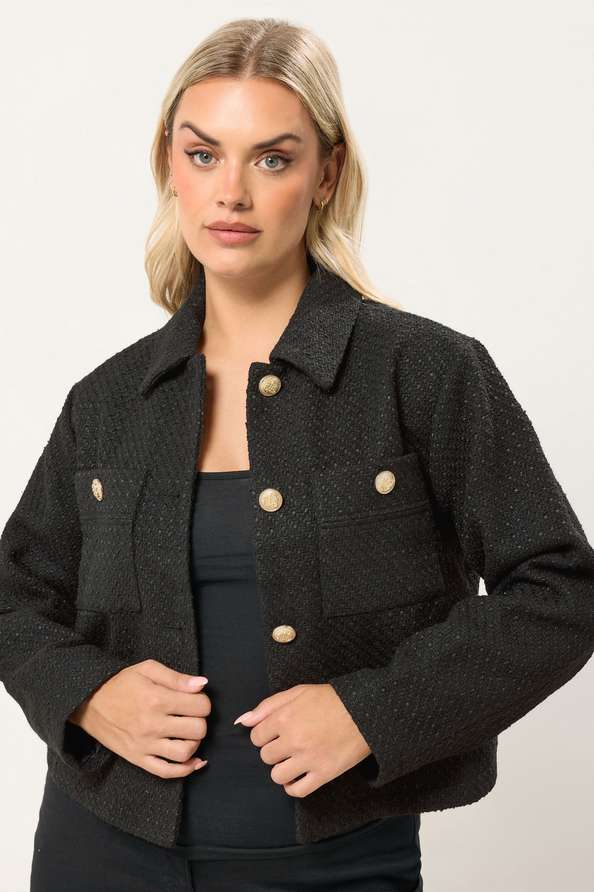 YOURS Plus Size Black Collared Boucle Jacket | Yours Clothing 3