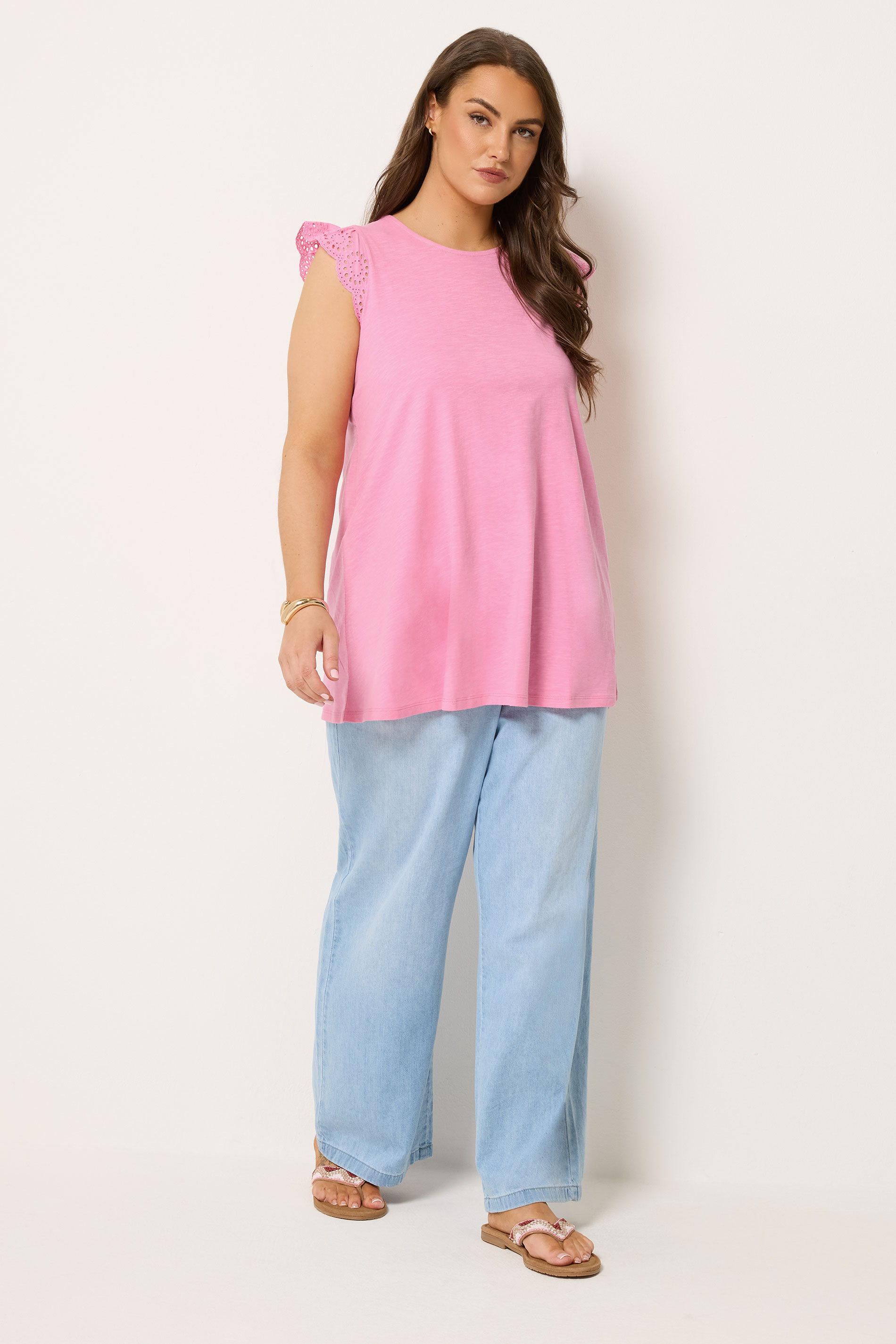 YOURS Plus Size Pink Broderie Frill Vest Top | Yours Clothing 1