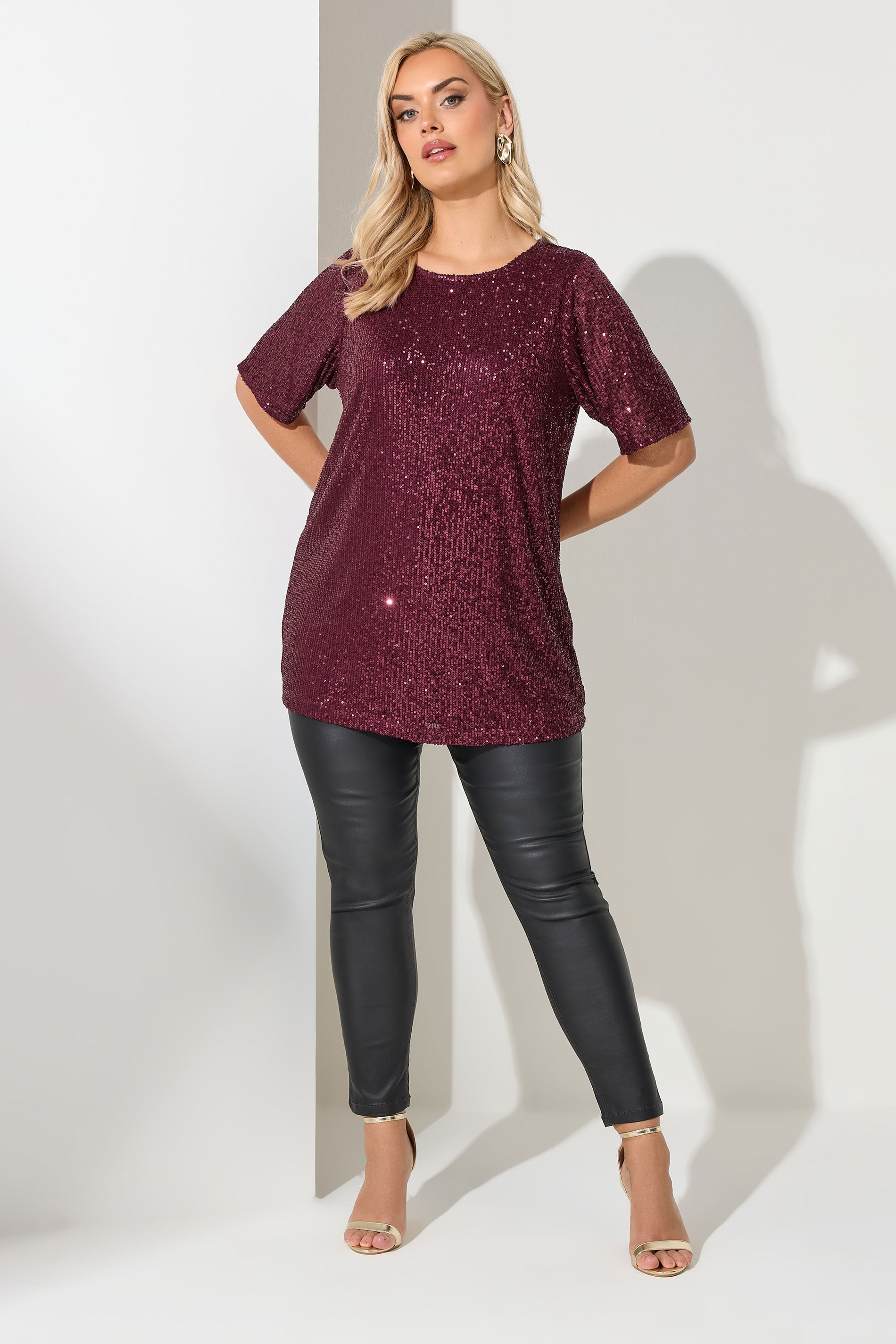 YOURS LONDON Plus Size Burgundy Red Sequin Swing Top | Yours Clothing 1