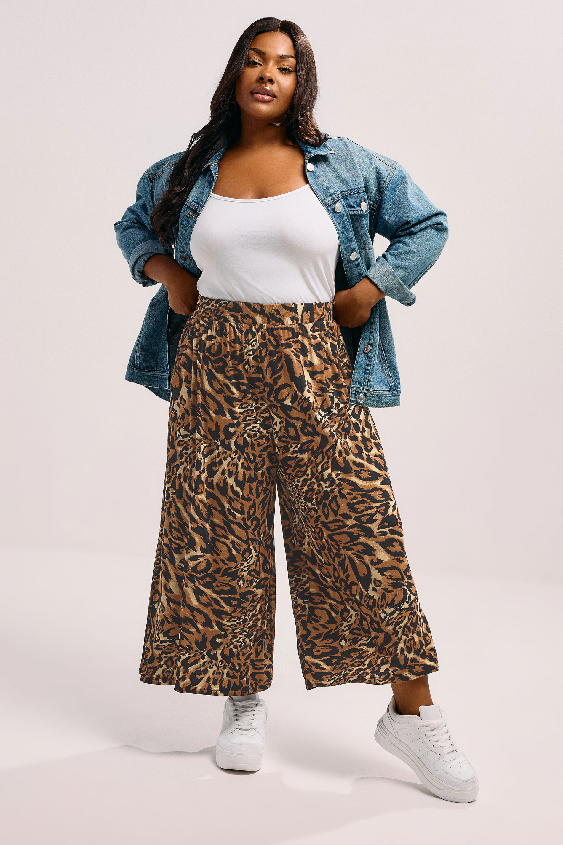 YOURS Plus Size Brown Animal Print Wide Leg Cropped Trousers | Yours Clothing 1