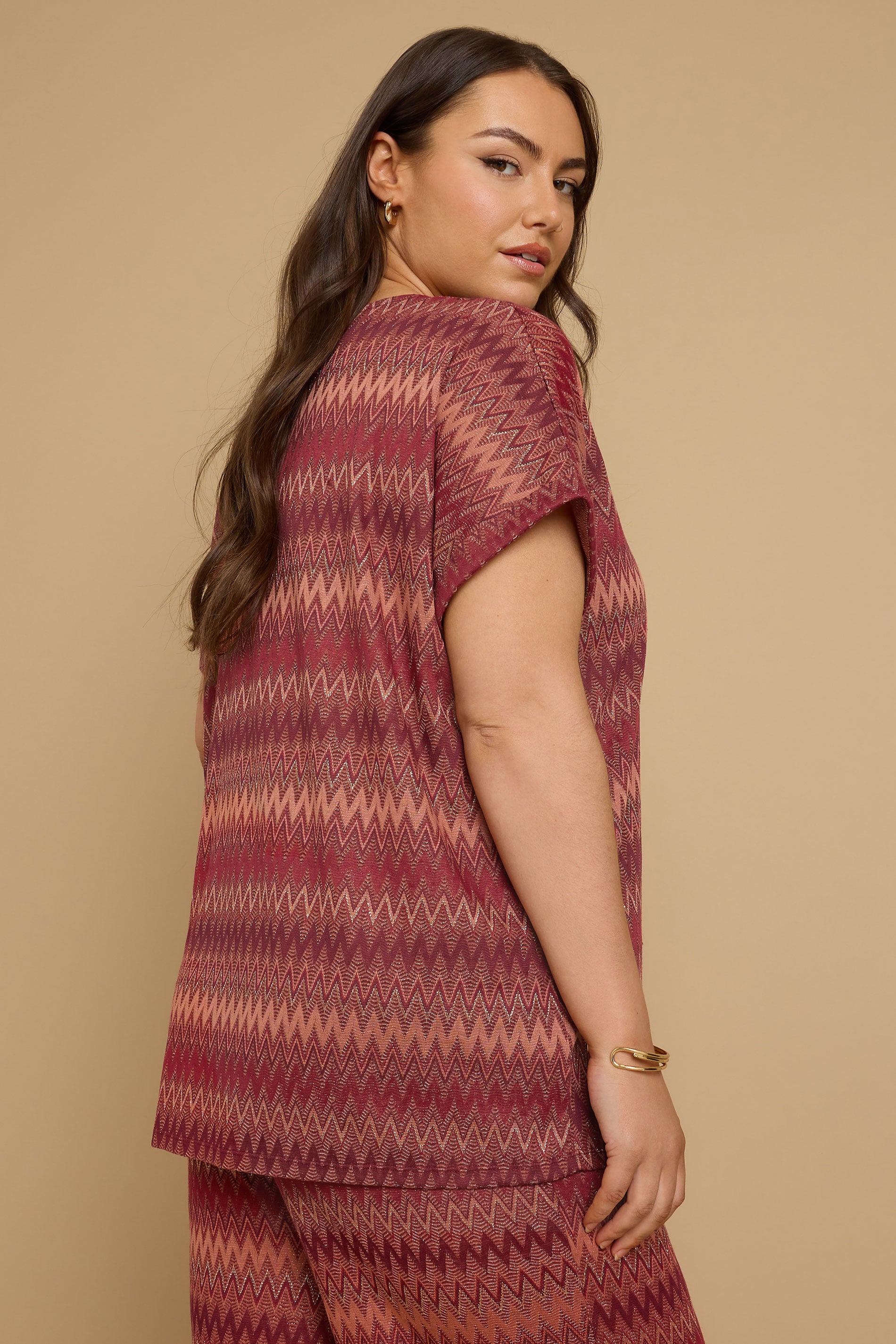 YOURS Plus Size Rust Orange Metallic Zig Zag Tie Neck Top | Yours Clothing 2
