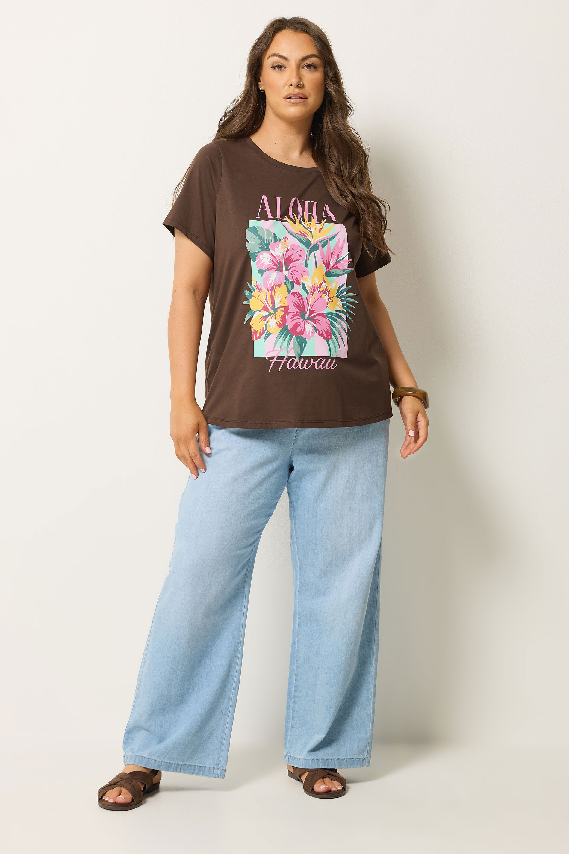 YOURS Plus Size Brown 'Aloha Hawaii' Graphic T-Shirt | Yours Clothing 1