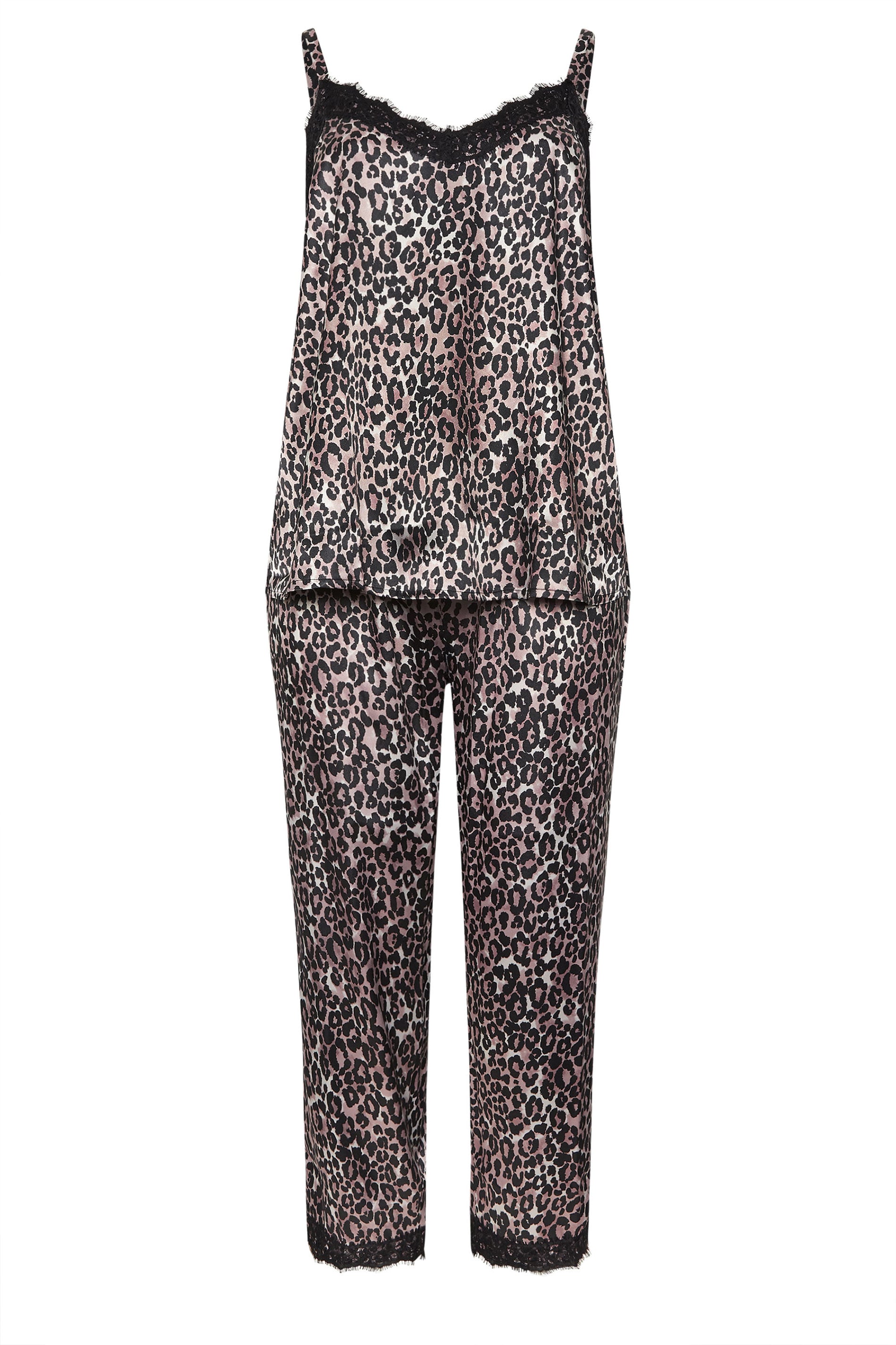 YOURS Plus Size Black Leopard Satin Lace Cami Pyjama Set | Yours Clothing 5