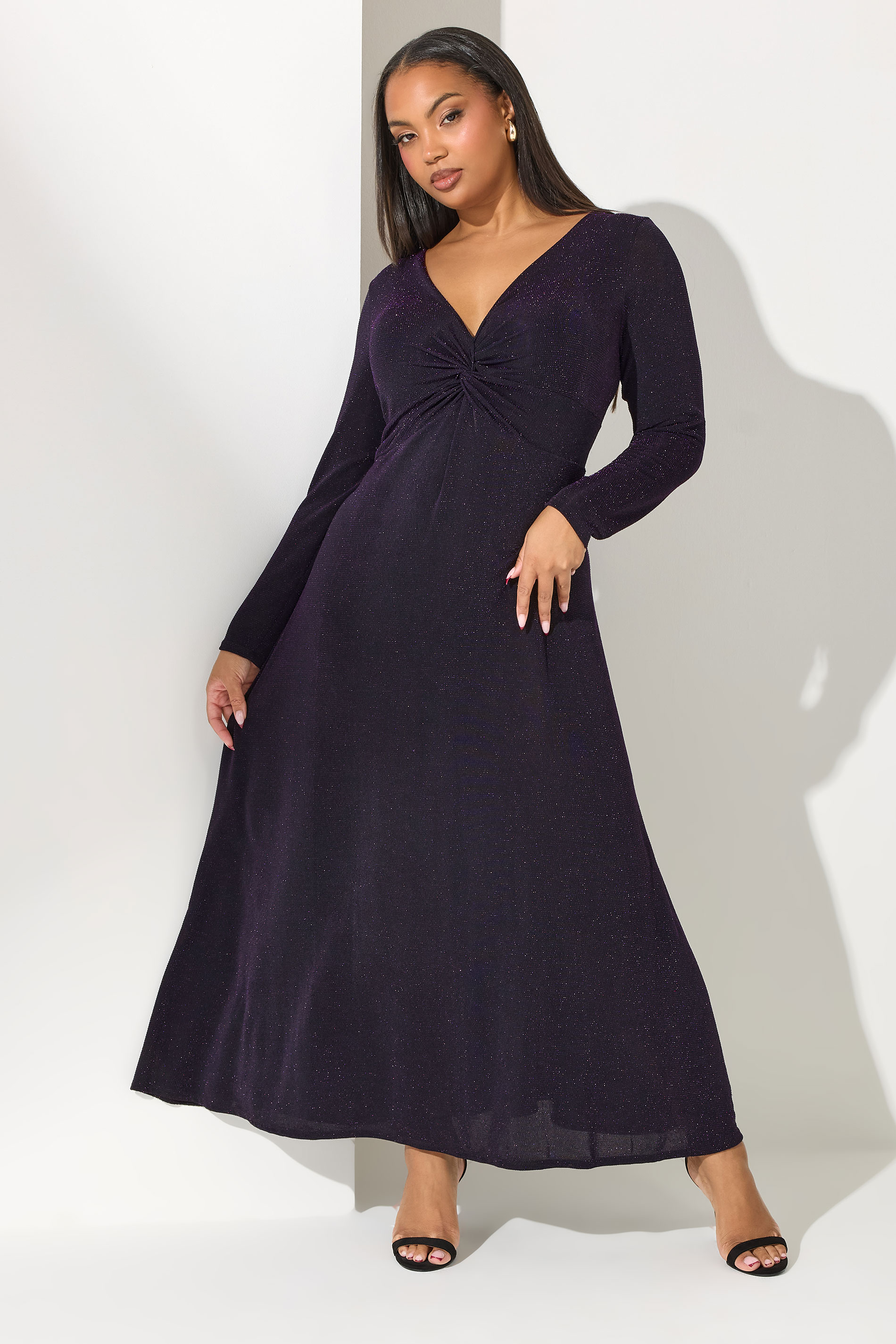 YOURS LONDON Plus Size Purple Metallic Knot Front Dress | Yours Clothing 1