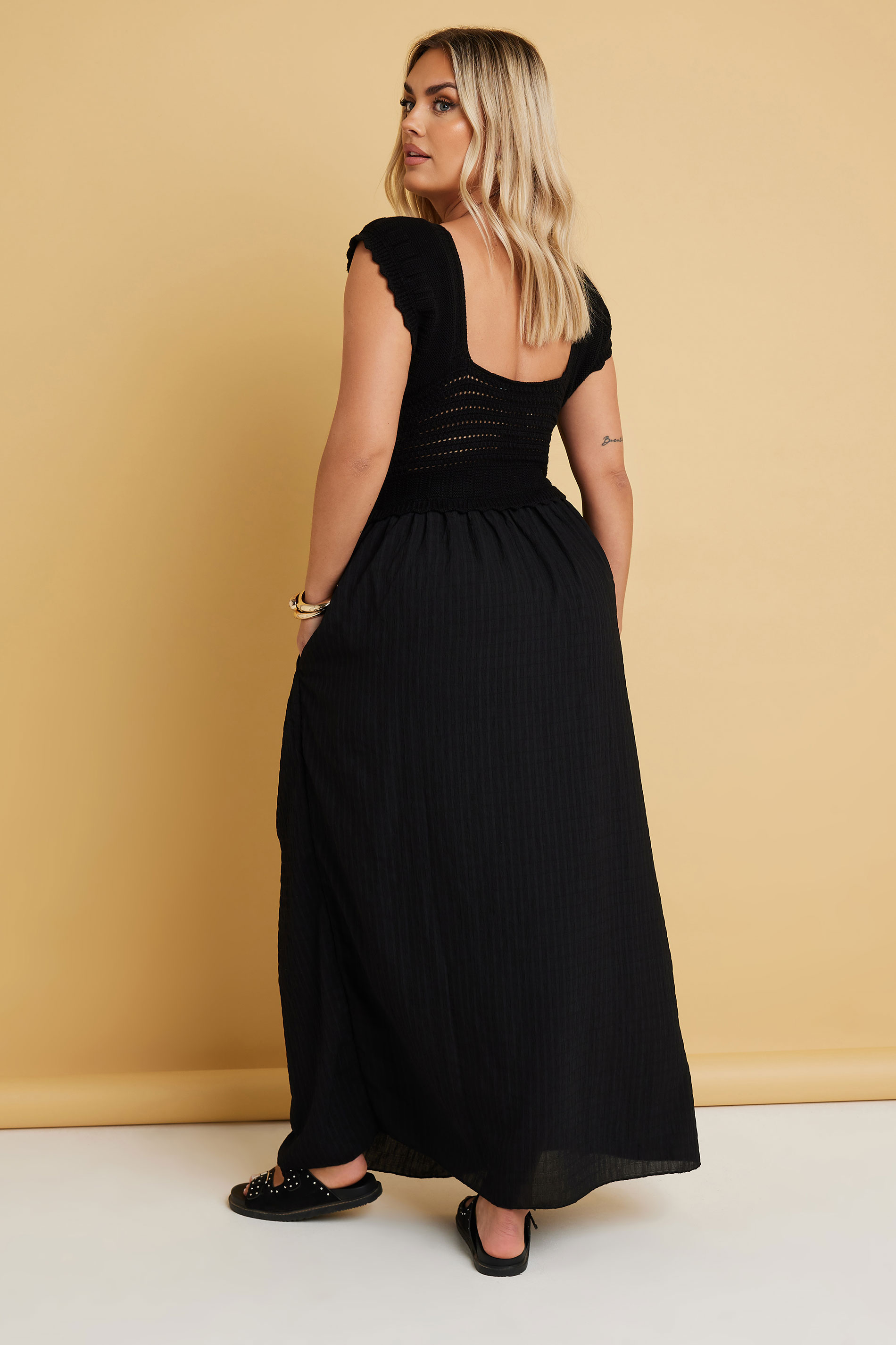 YOURS Plus Size Black Crochet Detail Woven Dress | Yours Clothing 2