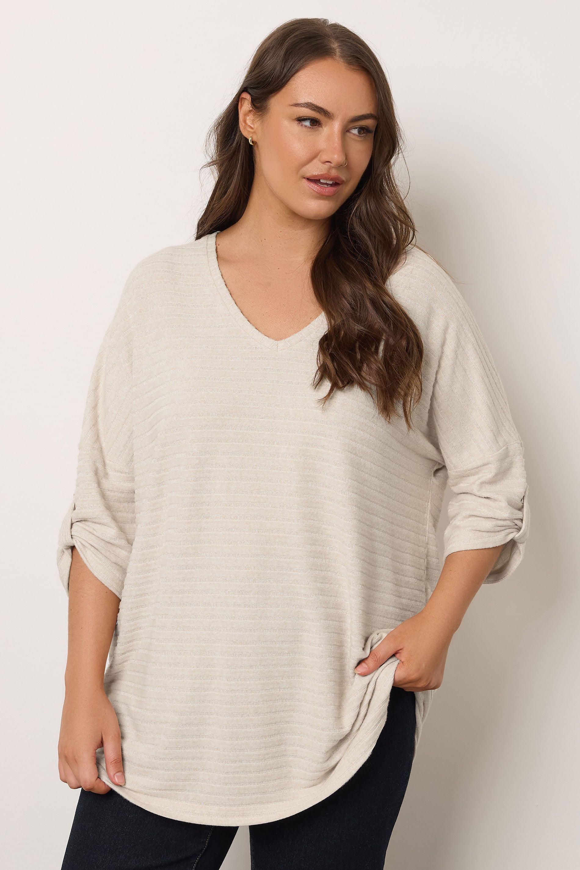Evans Women's Cream Plus Tab Sleeve Ribbed Jumper Size 16