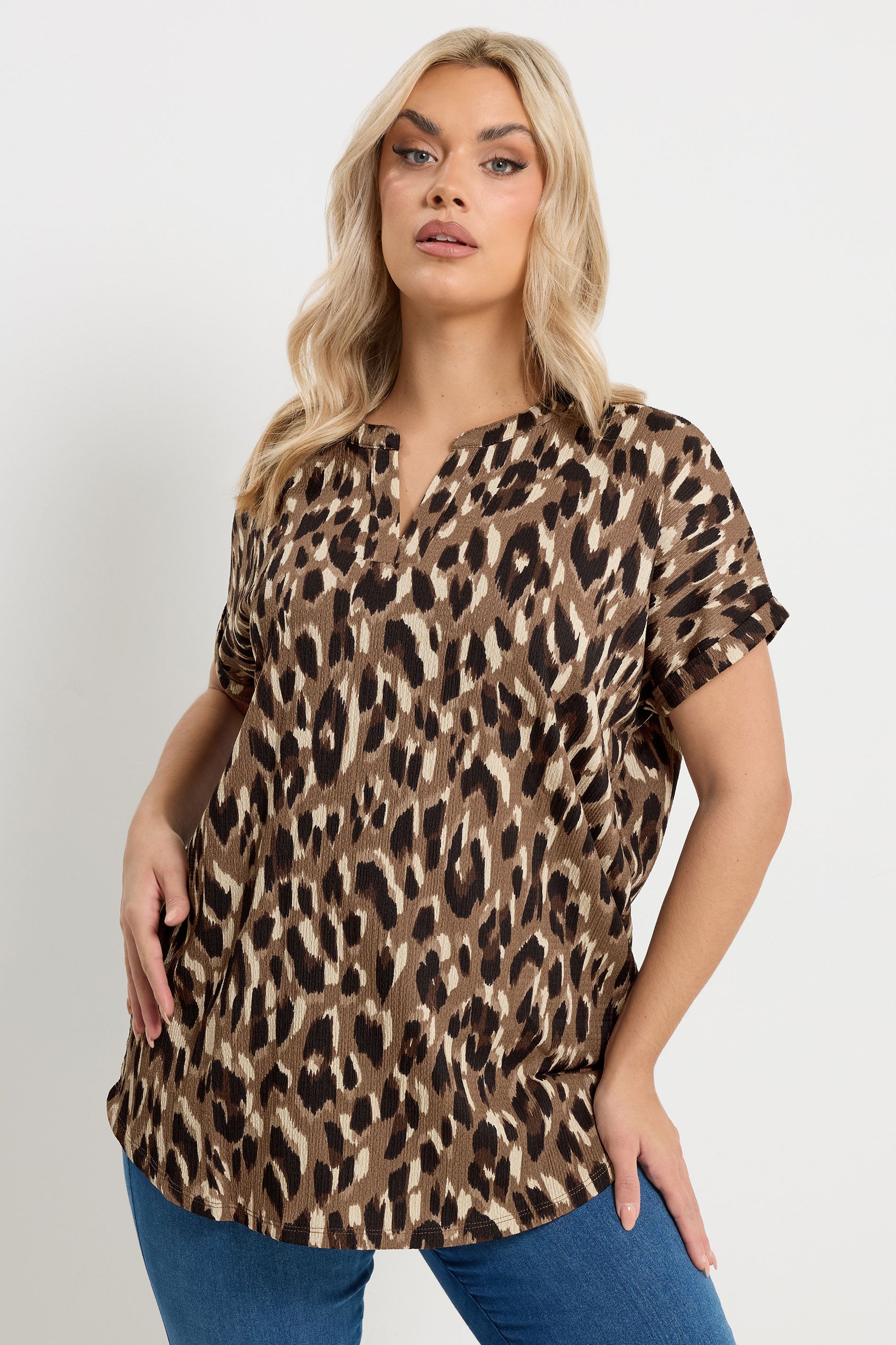YOURS Plus Size Brown Textured Leopard Print Notch Neck Top | Yours Clothing 3