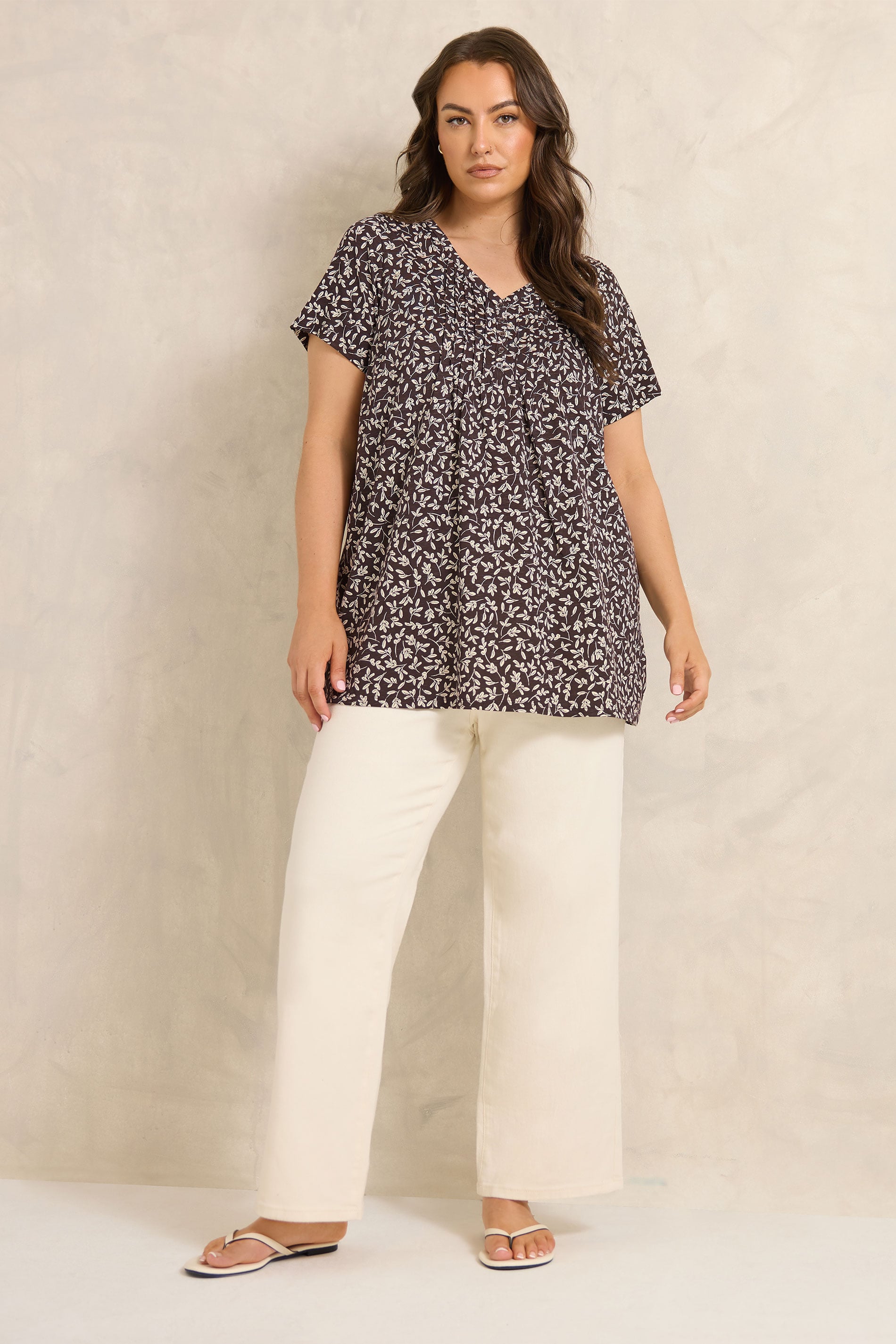 EVANS Plus Size Chocolate Brown Print Cotton Henley Top | Evans 1