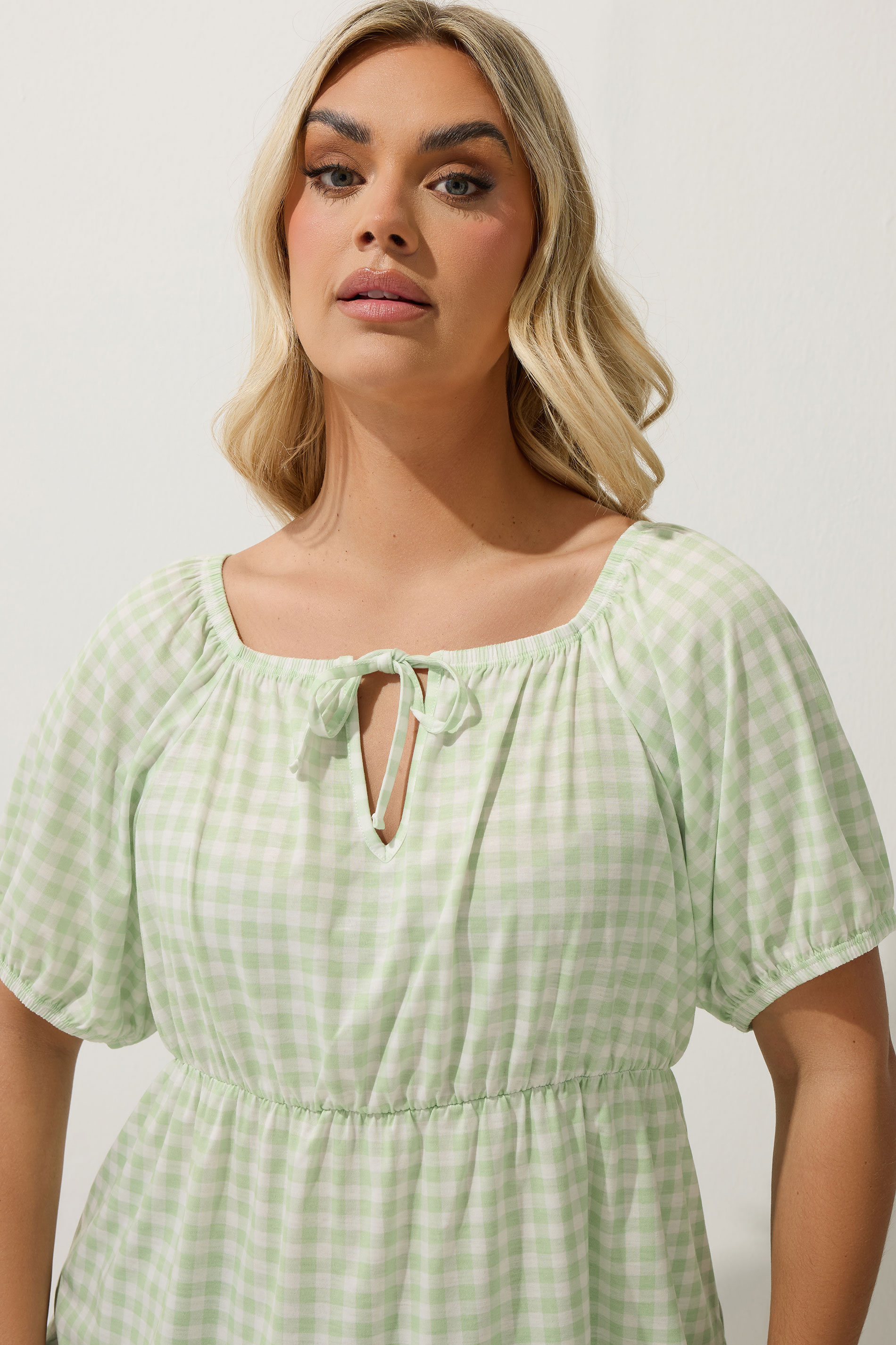  LIMITED COLLECTION Plus Size Sage Green Gingham Tie Neck Peplum Top | Yours Clothing 5
