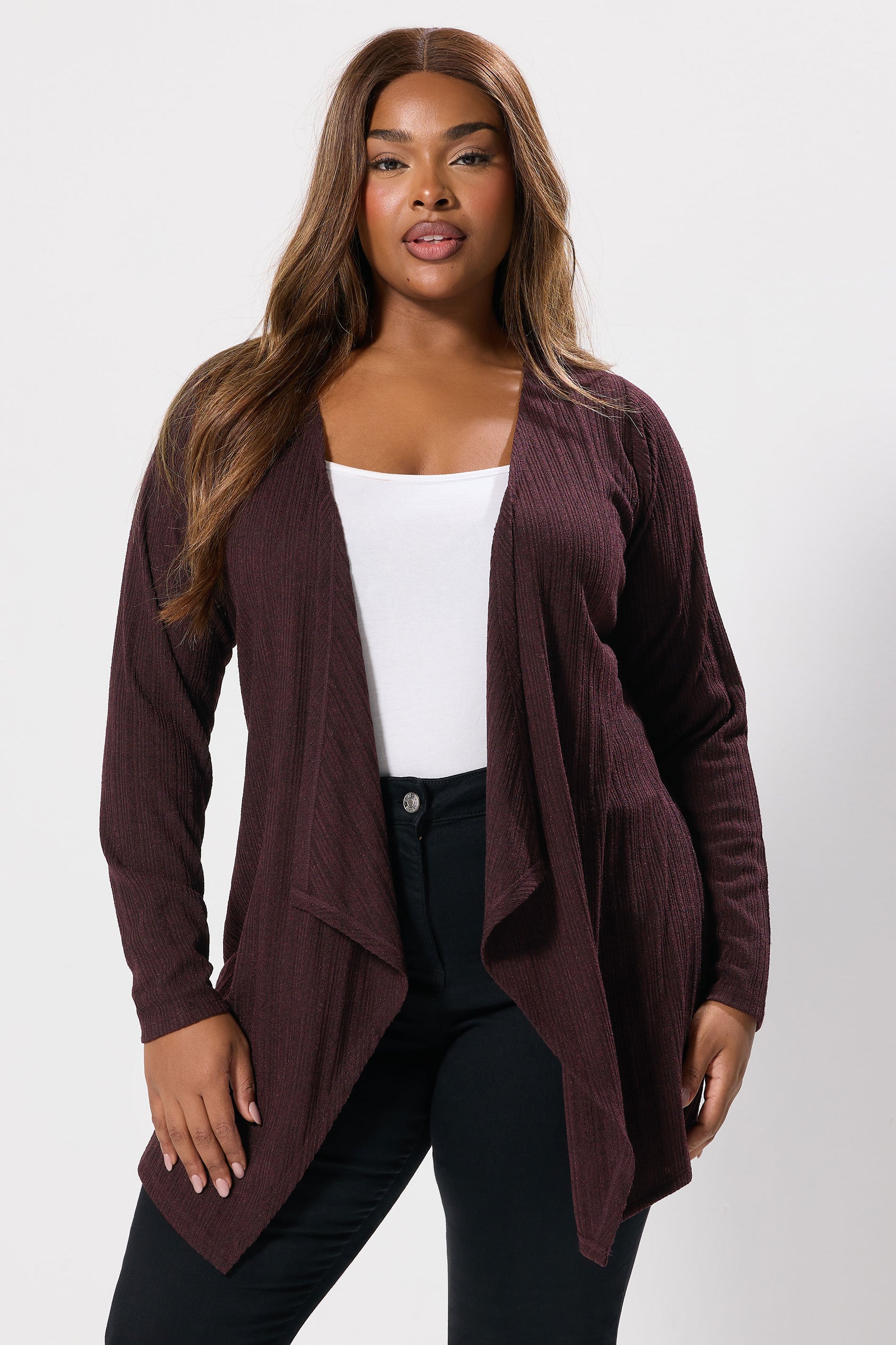 YOURS Plus Size Dark Purple Ribbed Waterfall Cardigan | Yours Clothing 3