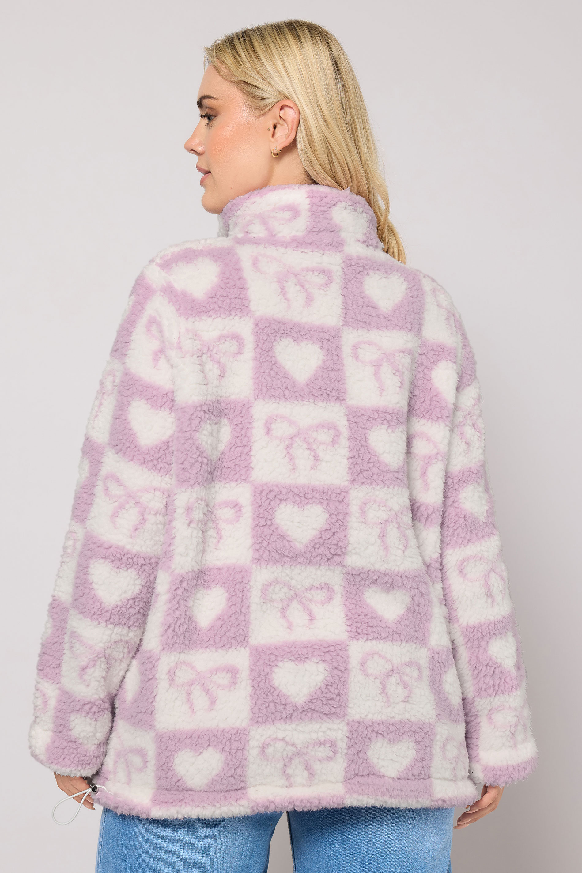 YOURS Plus Size Pink Check Quarter Zip Fleece Jacket | Yours Clothing 2