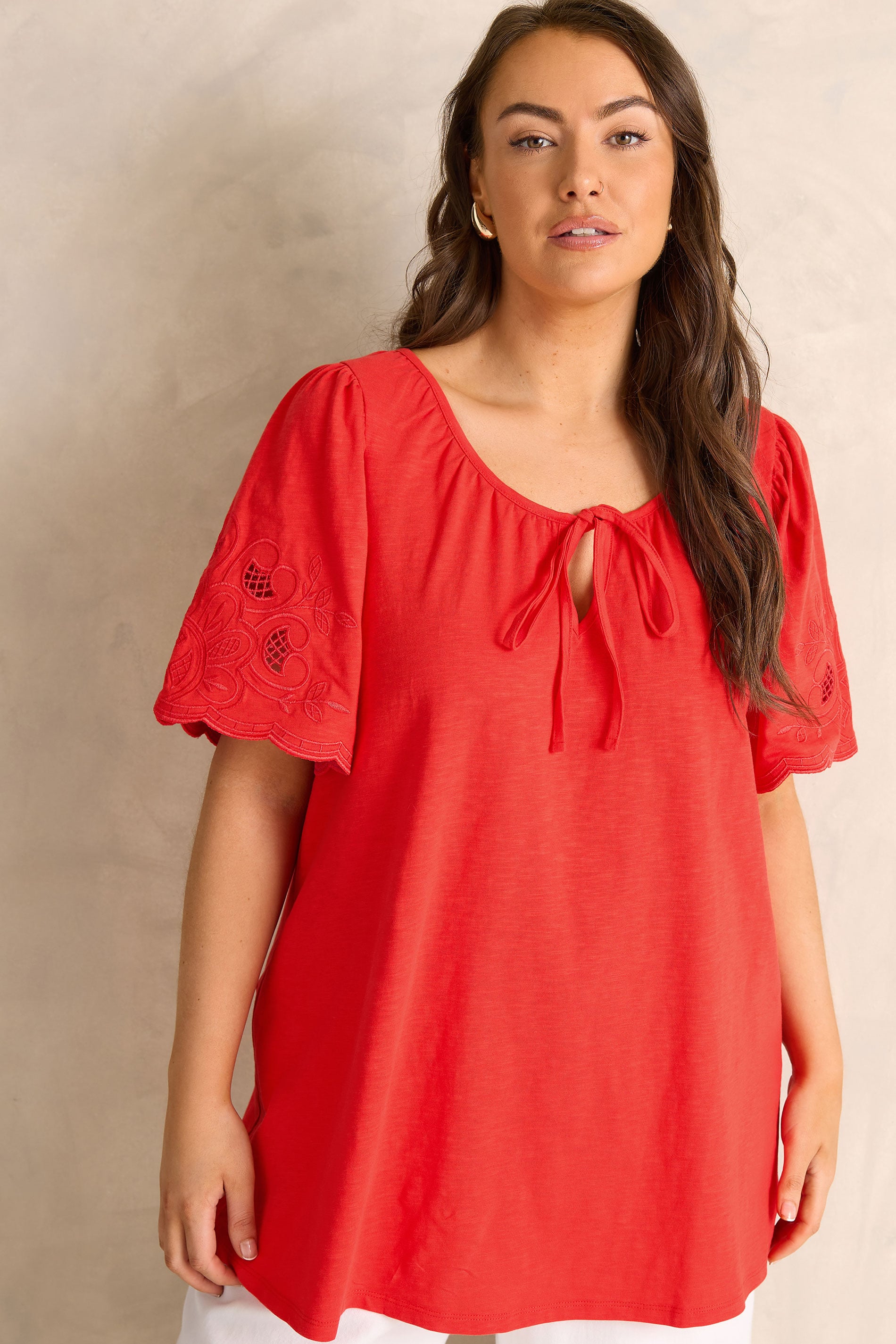Evans Women's Red Plus Broderie Sleeve Tie Neck Blouse Size 22-24