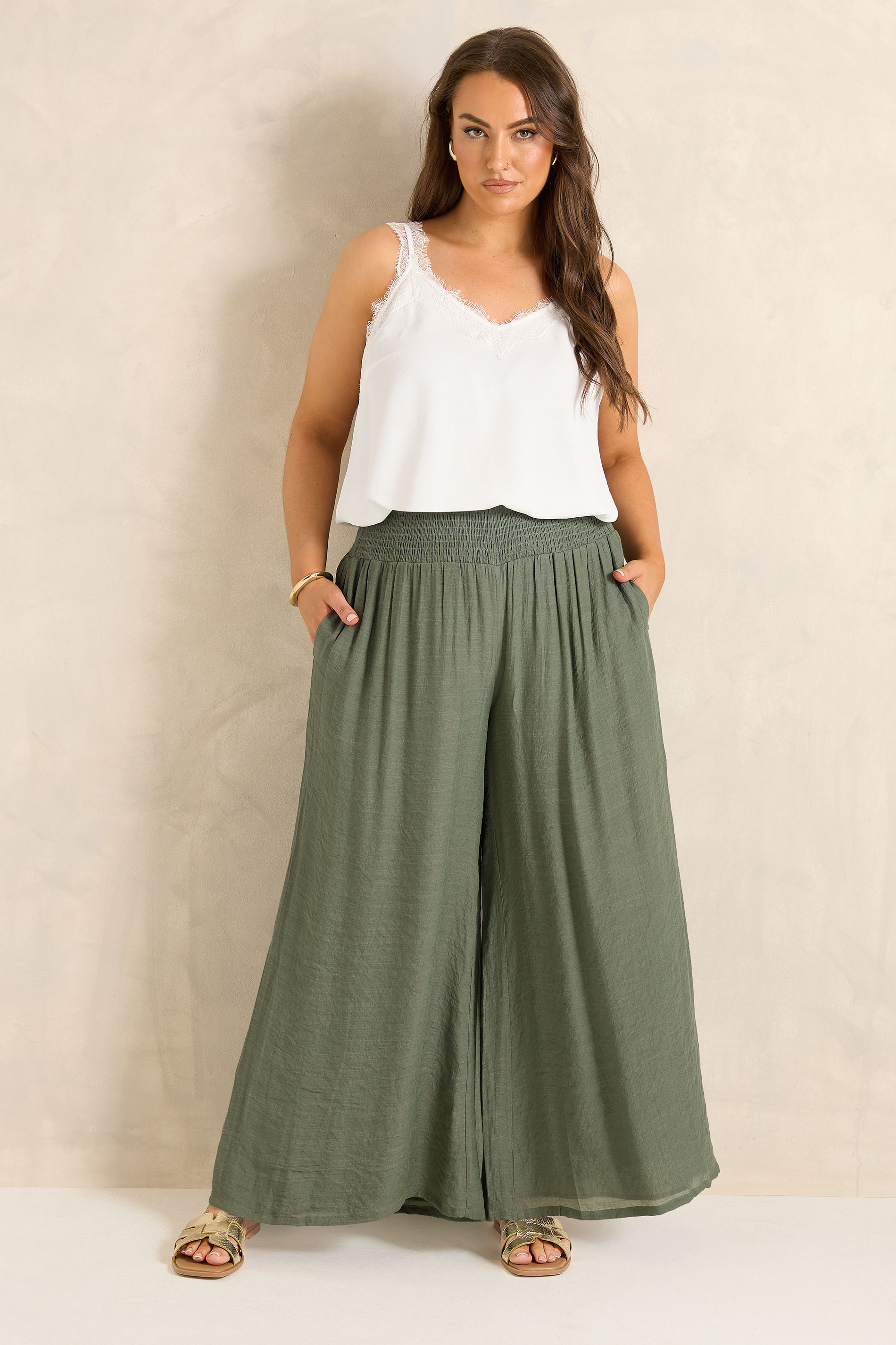 EVANS Plus Size Khaki Green Wide Leg Trouser | Evans 4