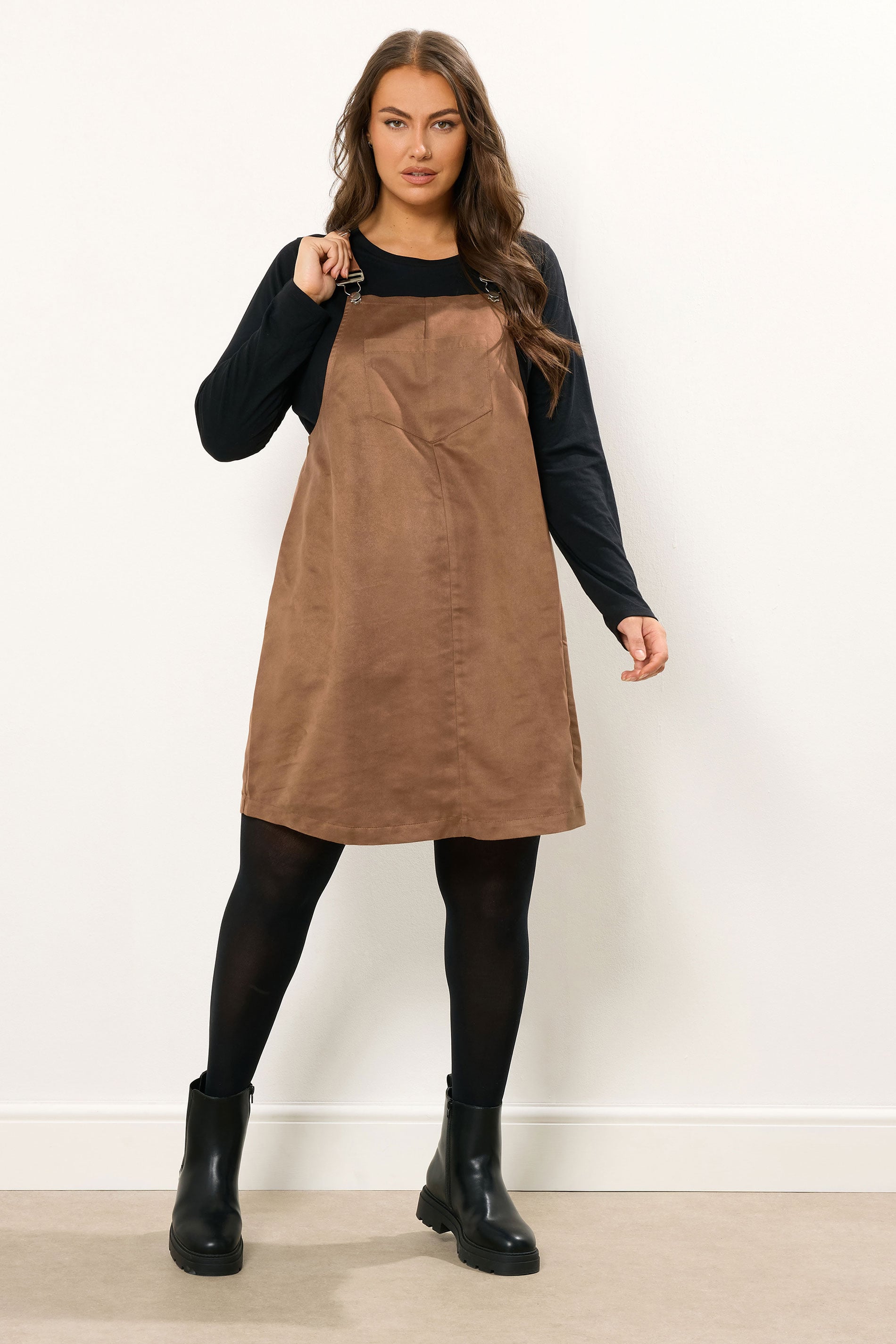 YOURS Plus Size Brown Faux Suede Pinafore Dress | Yours Clothing 2