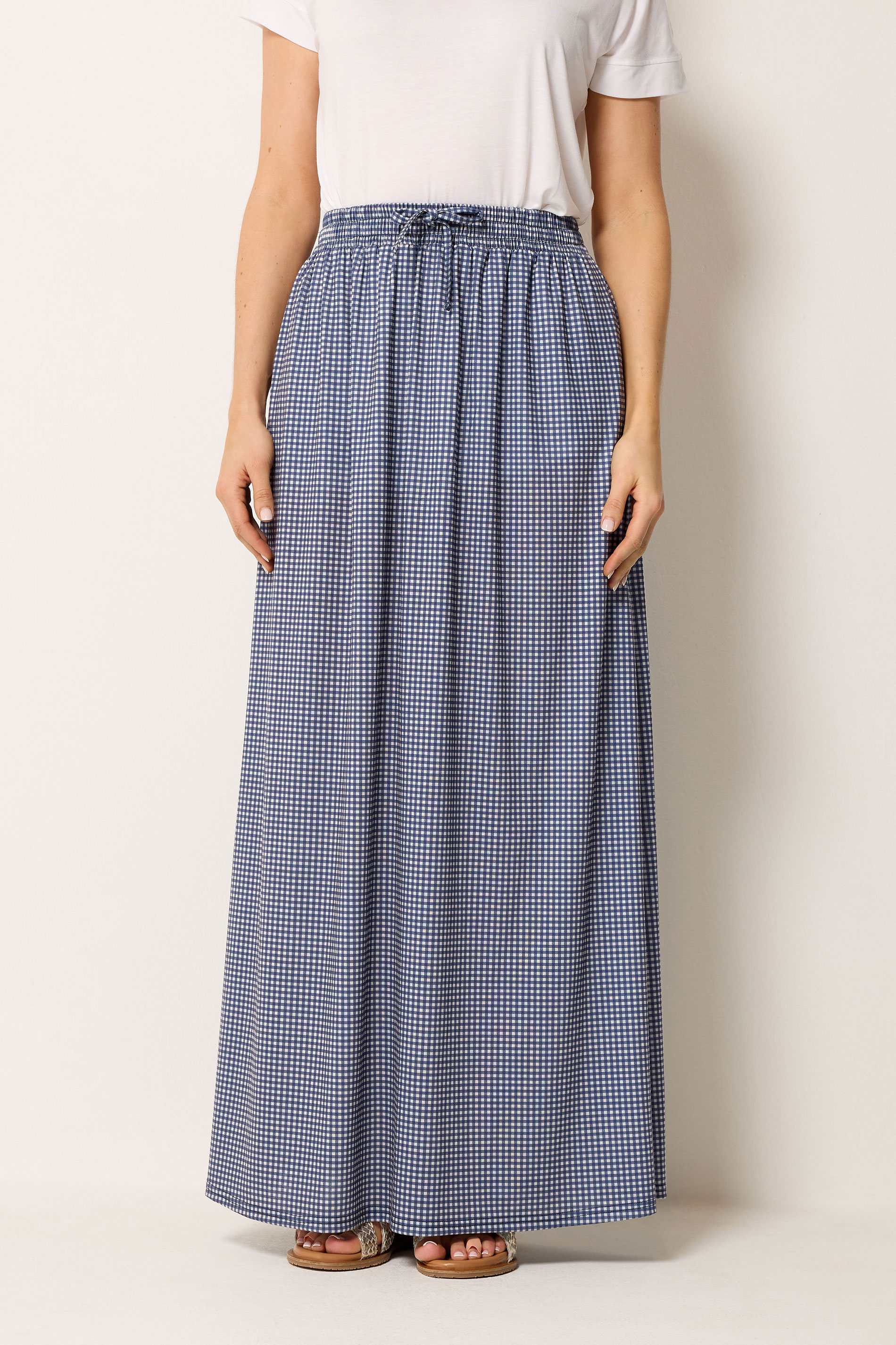 LTS Tall Women's Navy Blue Gingham Shirred Maxi Skirt | Long Tall Sally 1