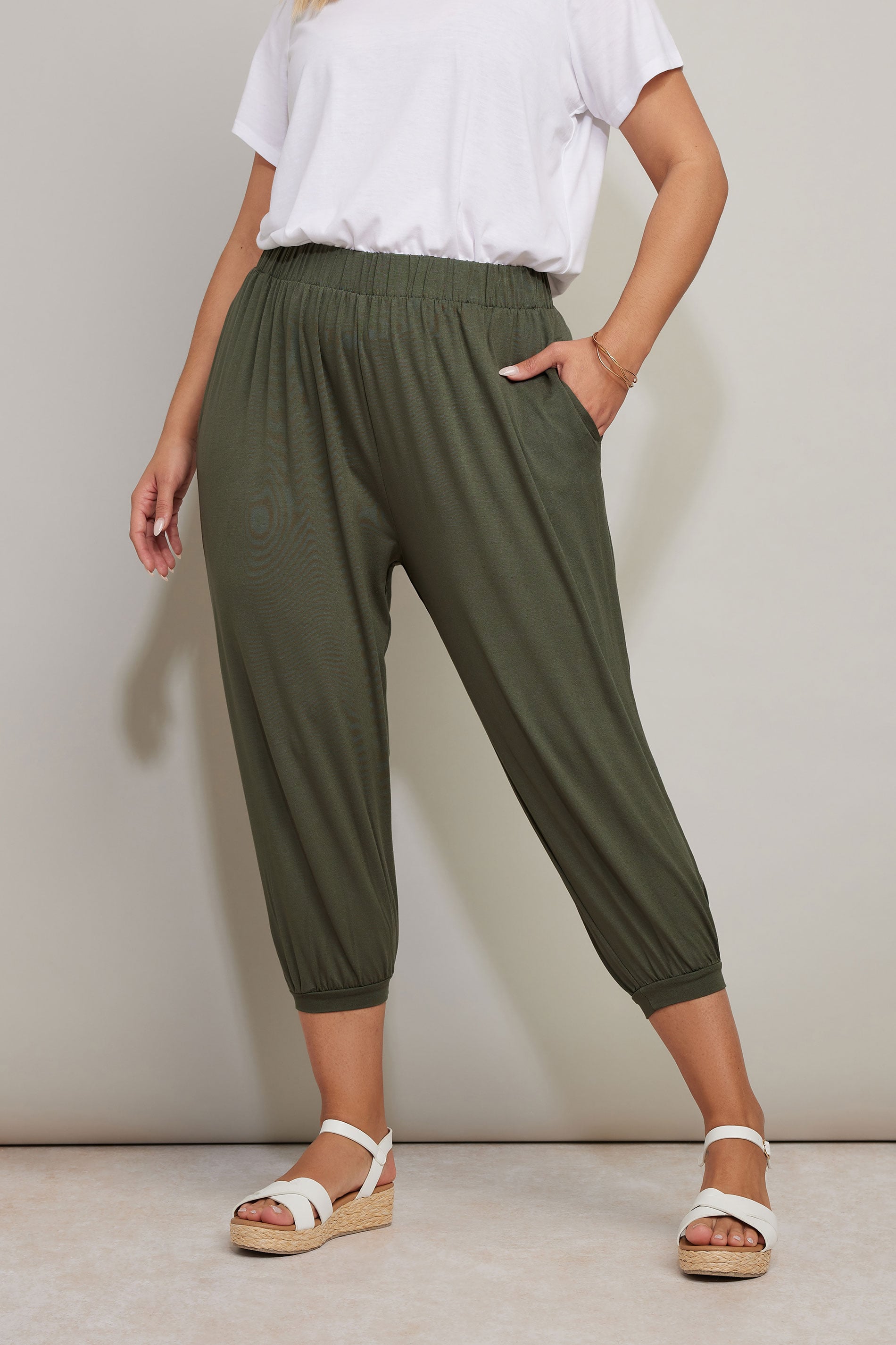 YOURS Plus Size Khaki Green Jersey Cropped Harem Trousers | Yours Clothing 3