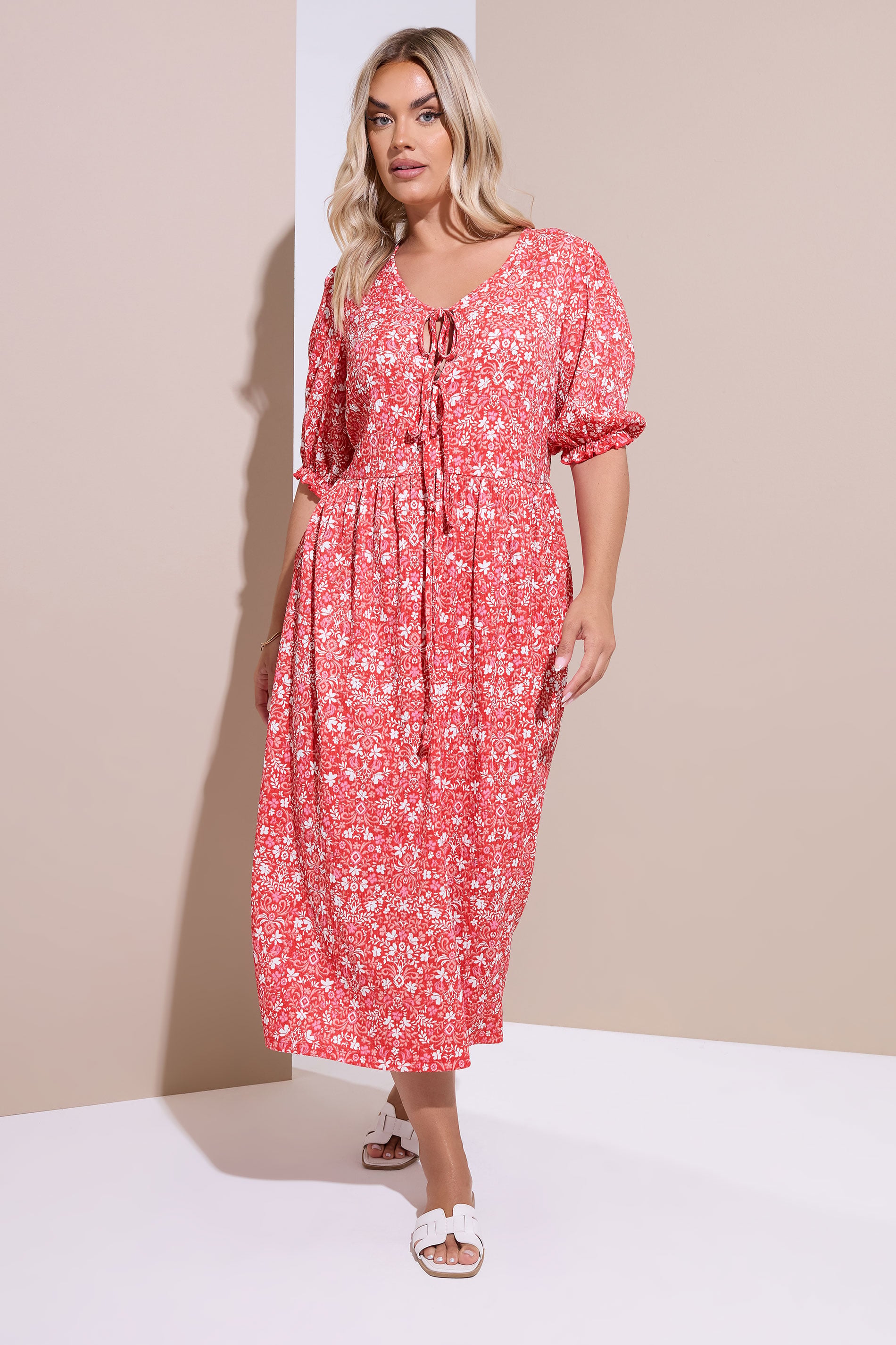 YOURS Plus Size Red Floral Paisley Bow Tie Front Midi Dress | Yours Clothing 3