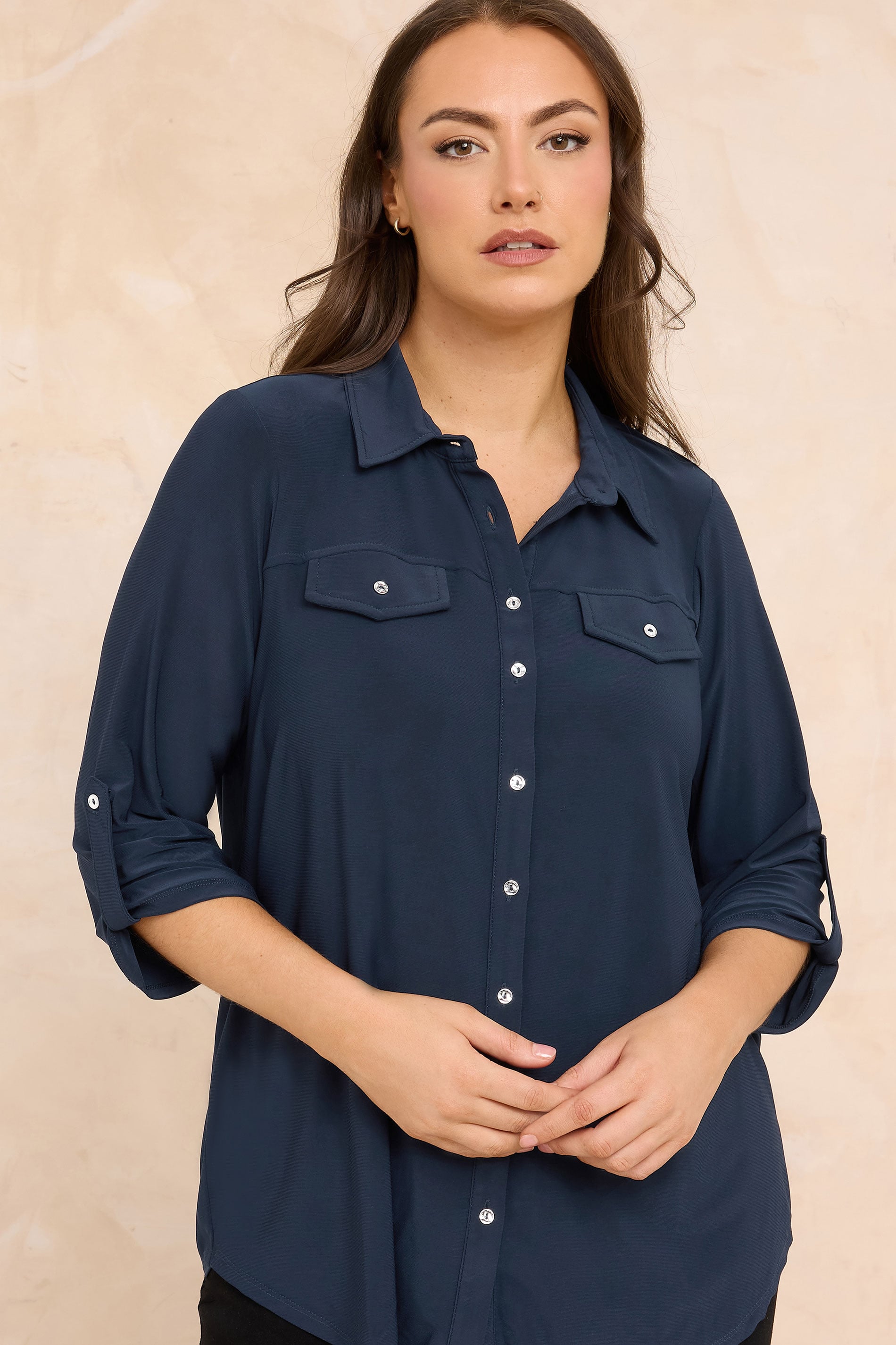 Evans Women's Blue Plus Navy Tab Sleeve Blouse Size 26-28