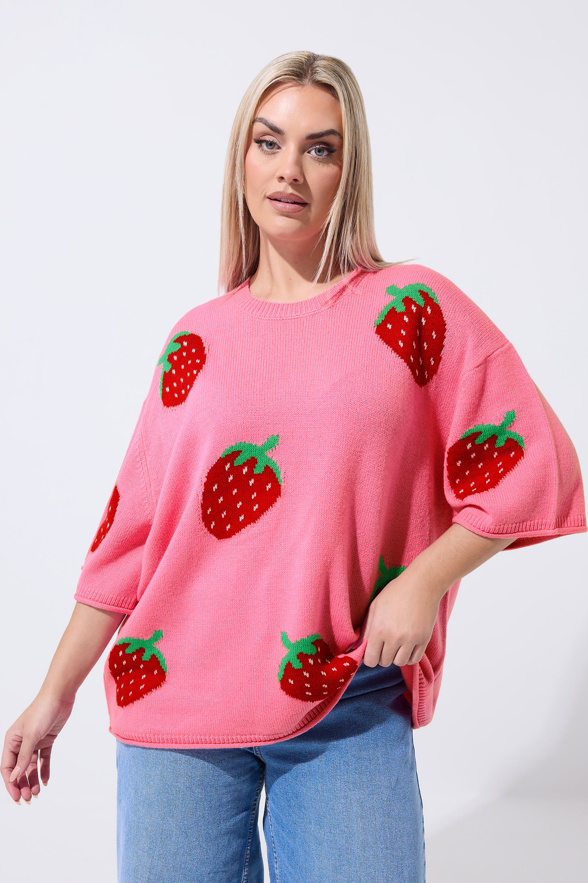 LIMITED COLLECTION Plus Size Pink Strawberry Knitted Boxy Top 1