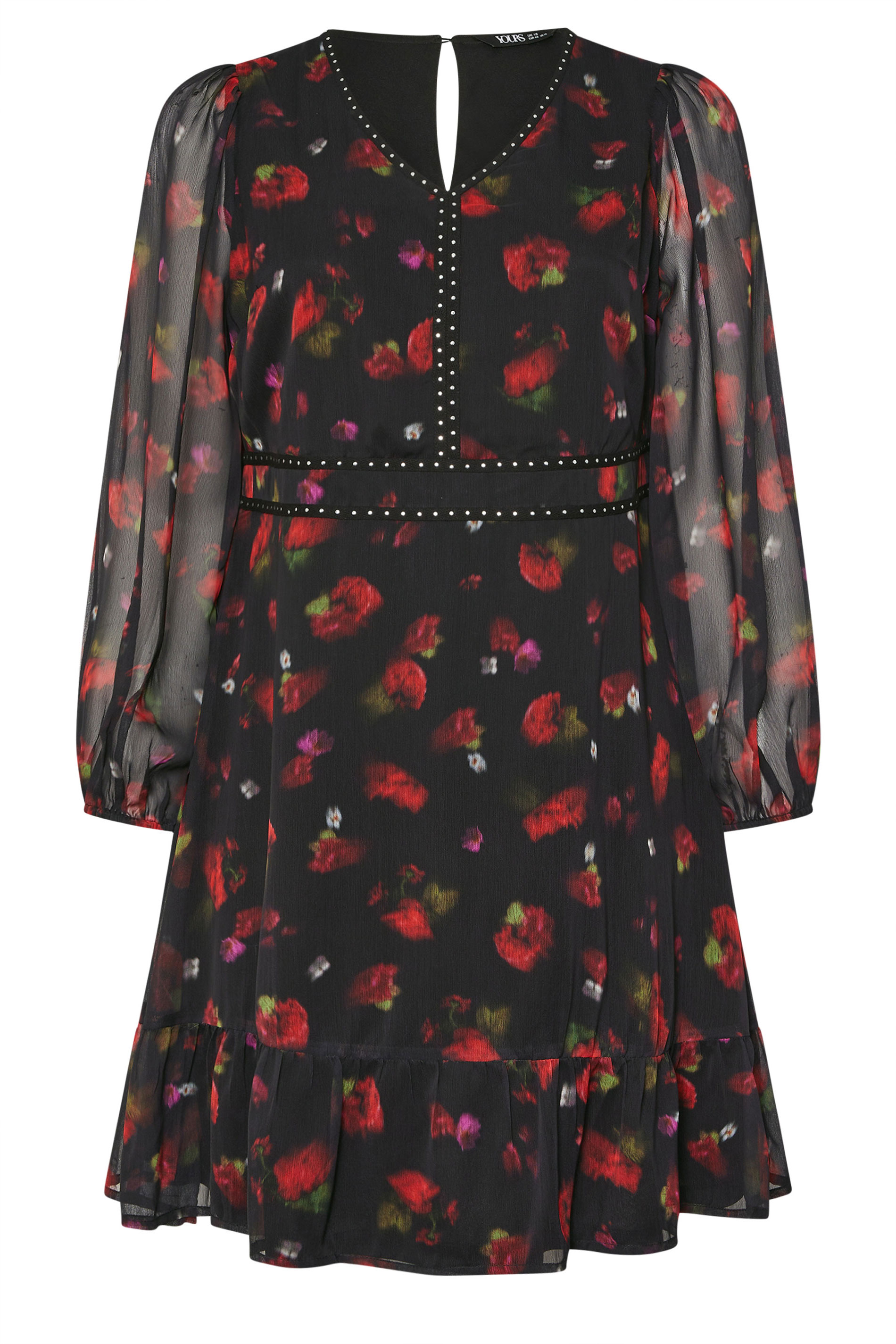YOURS Plus Size Black Blurred Floral Stud Midi Dress | Yours Clothing 6