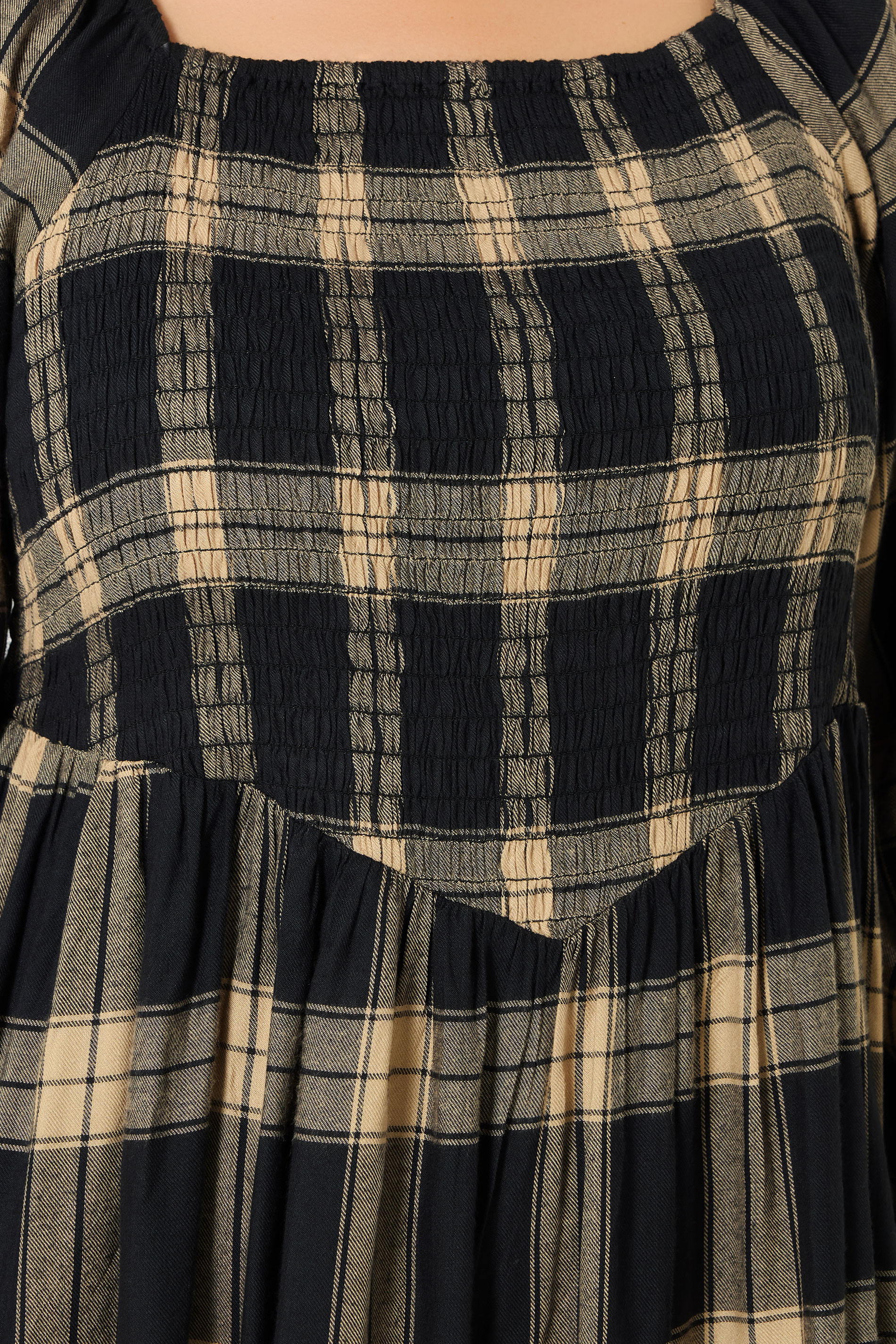 YOURS Plus Size Black & Brown Check Shirred Mini Dress | Yours Clothing 4