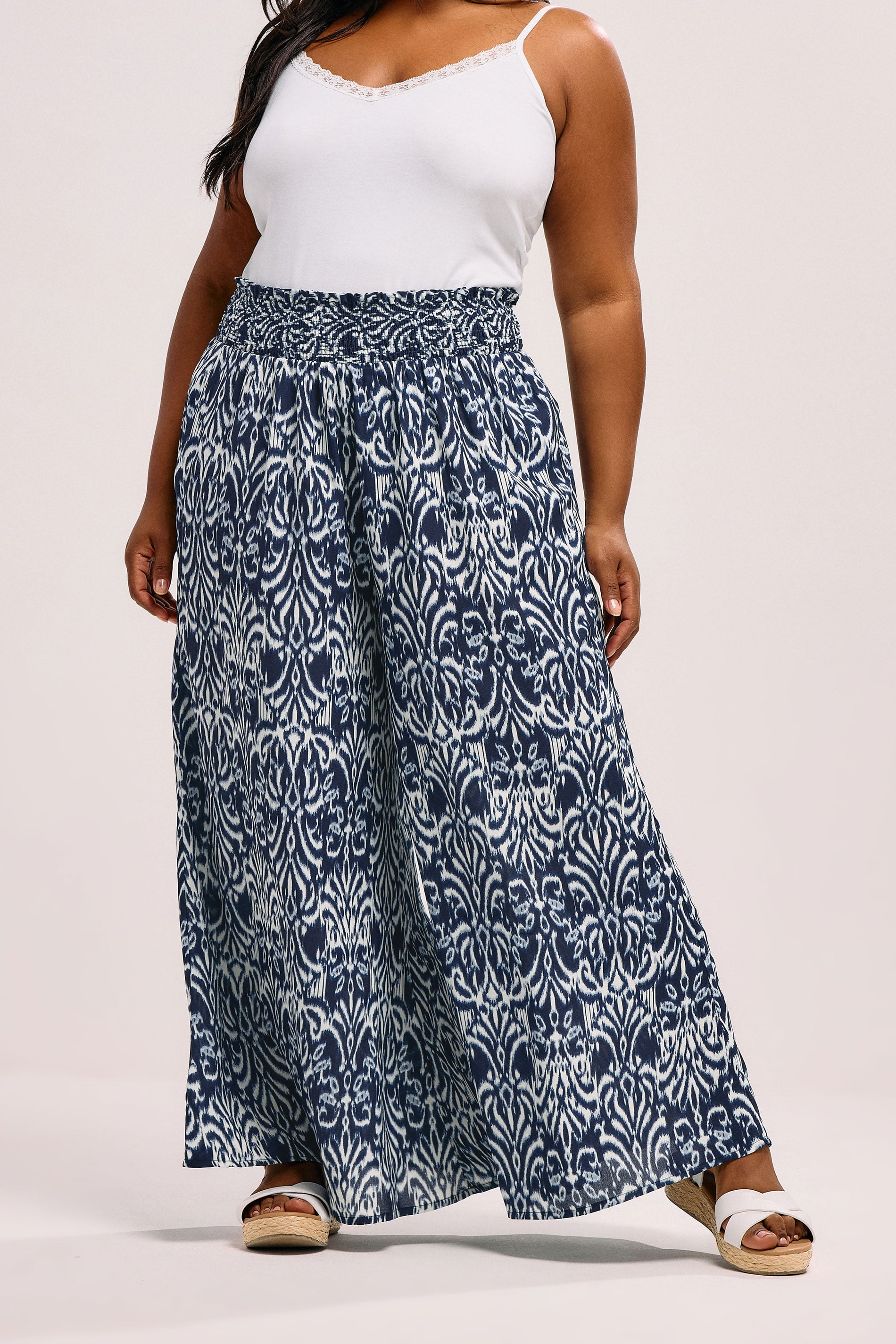 YOURS Plus Size Blue Ikat Shirred Waist Trousers | Yours Clothing 3