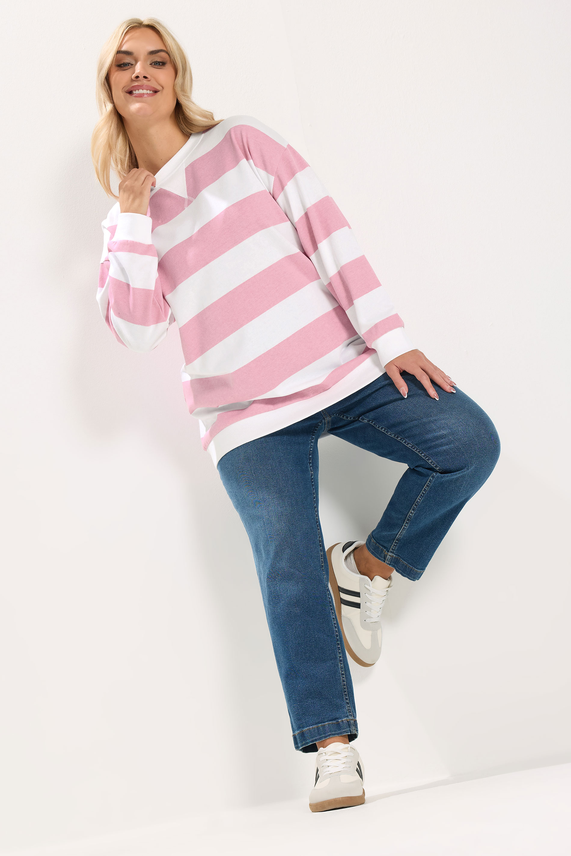 YOURS Plus Size Pink & White Stripe Sweatshirt | Yours Clothing 1