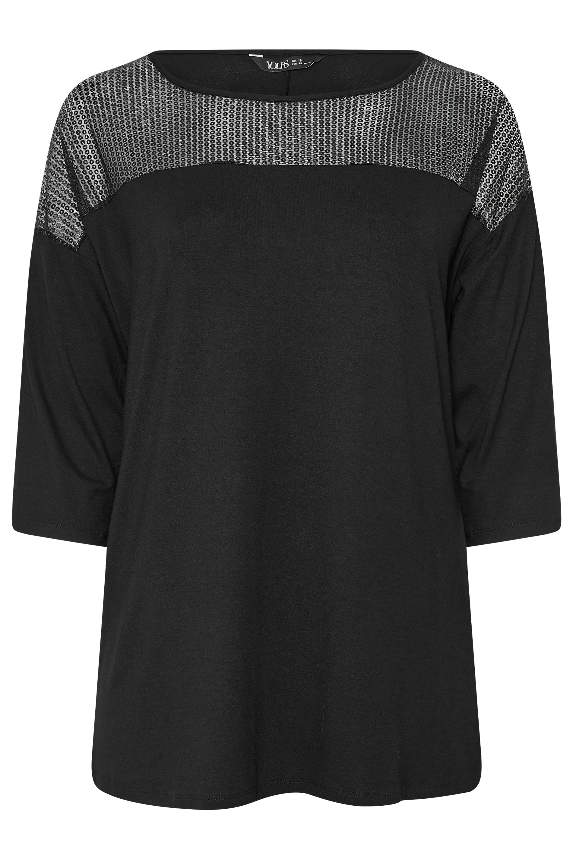 YOURS Plus Size Black Mesh Panel Sequin Top | Yours Clothing 5