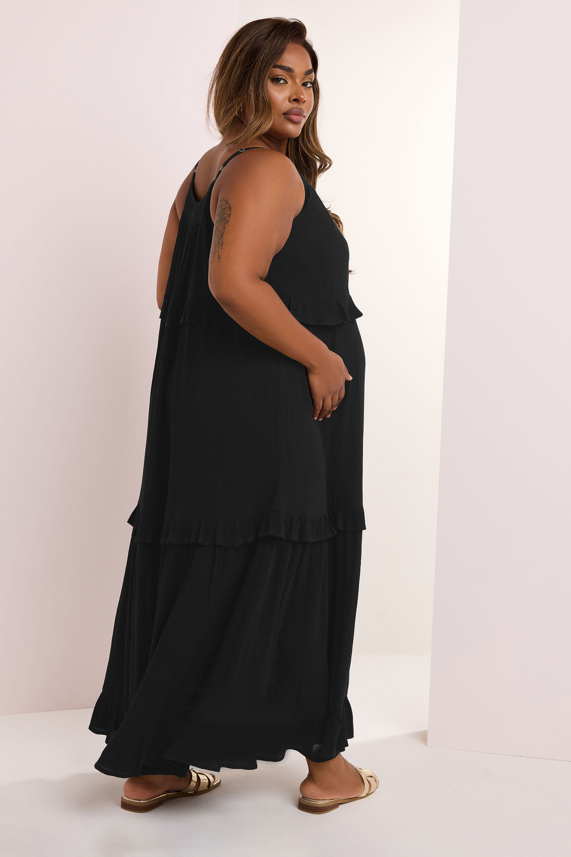 BUMP IT UP MATERNITY Plus Size Black Tiered Frill Maxi Dress | Yours Clothing 2