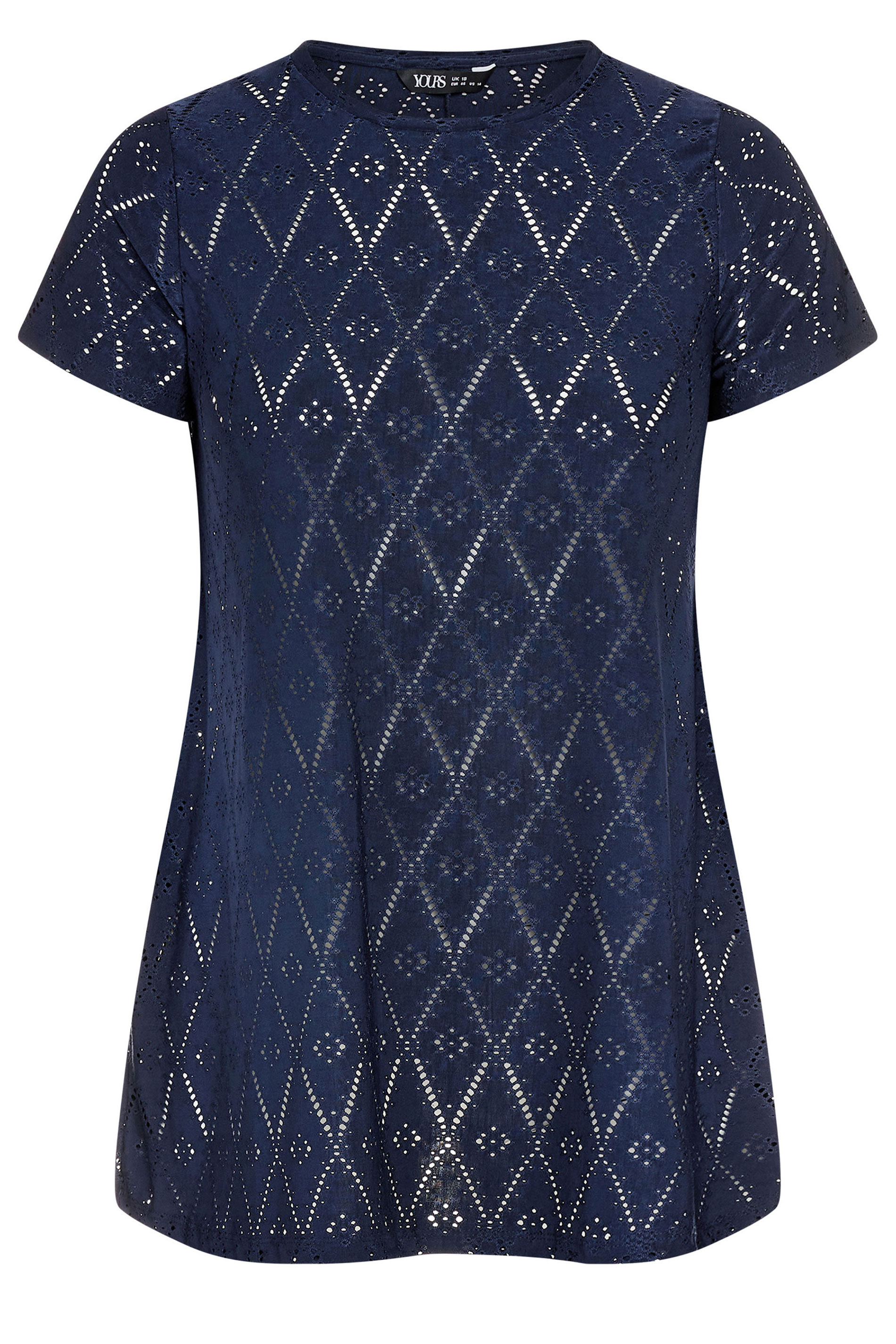 YOURS Plus Size Navy Blue Broderie Anglaise Swing T-Shirt | Yours Clothing 5