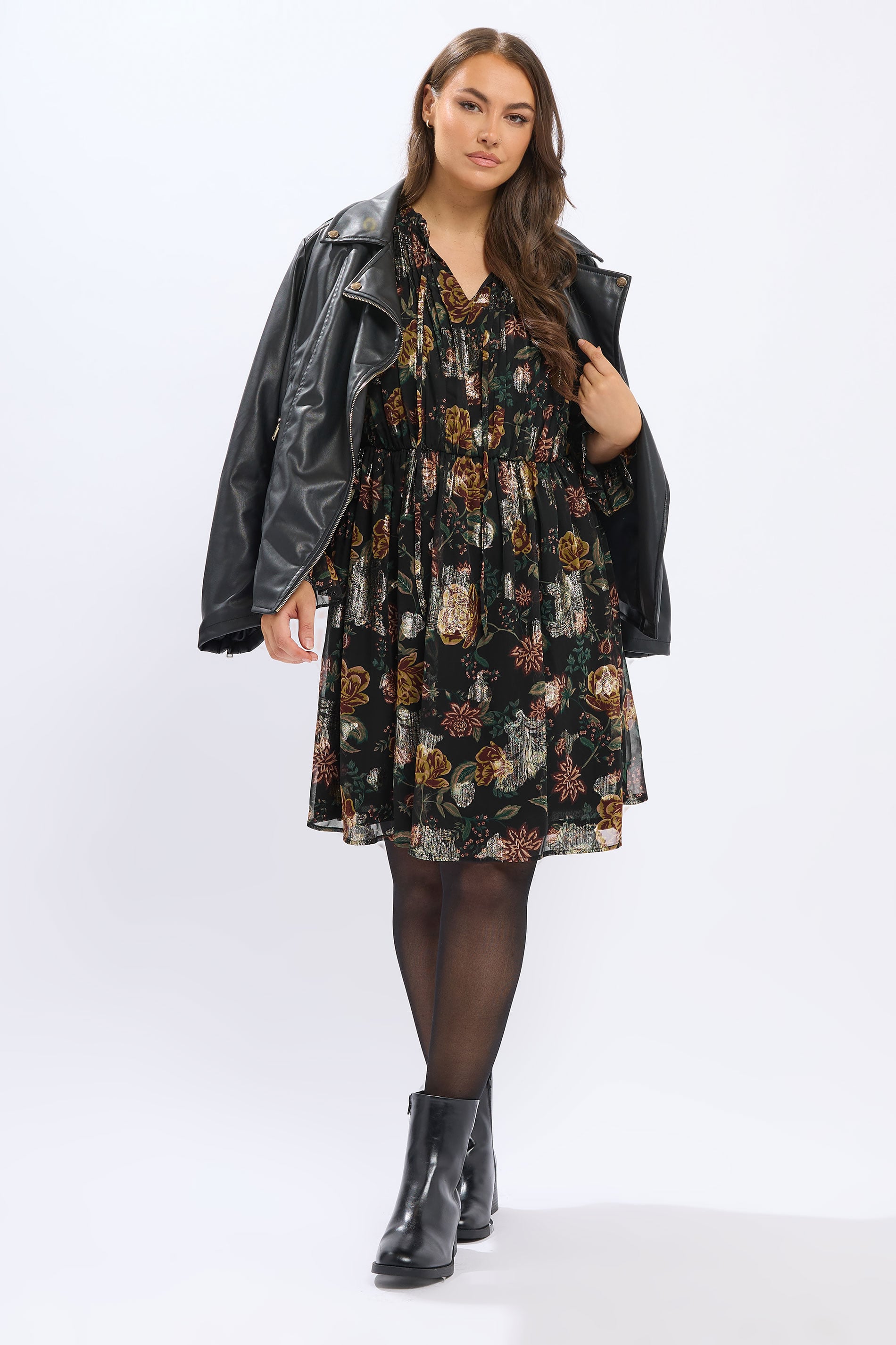 YOURS Plus Size Black Floral Metallic Tie Neck Mini Dress | Yours Clothing 6