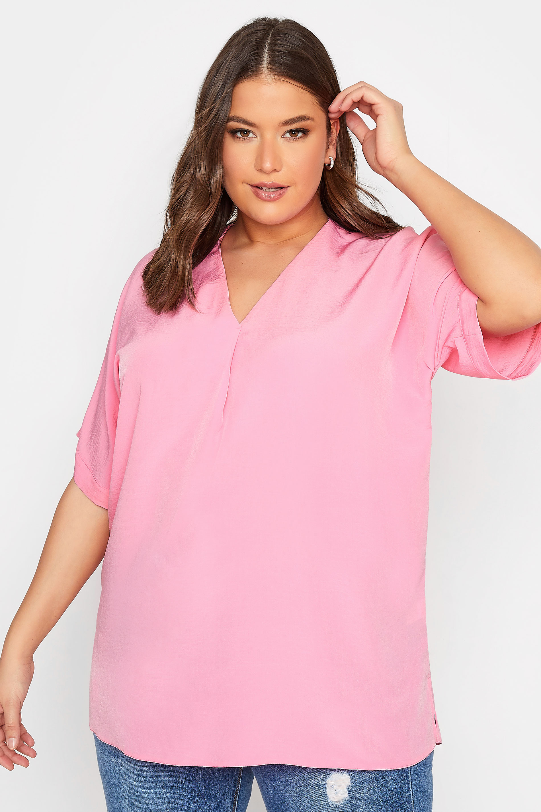 YOURS Curve Plus Size Baby Pink V-Neck Top | Yours Clothing  1
