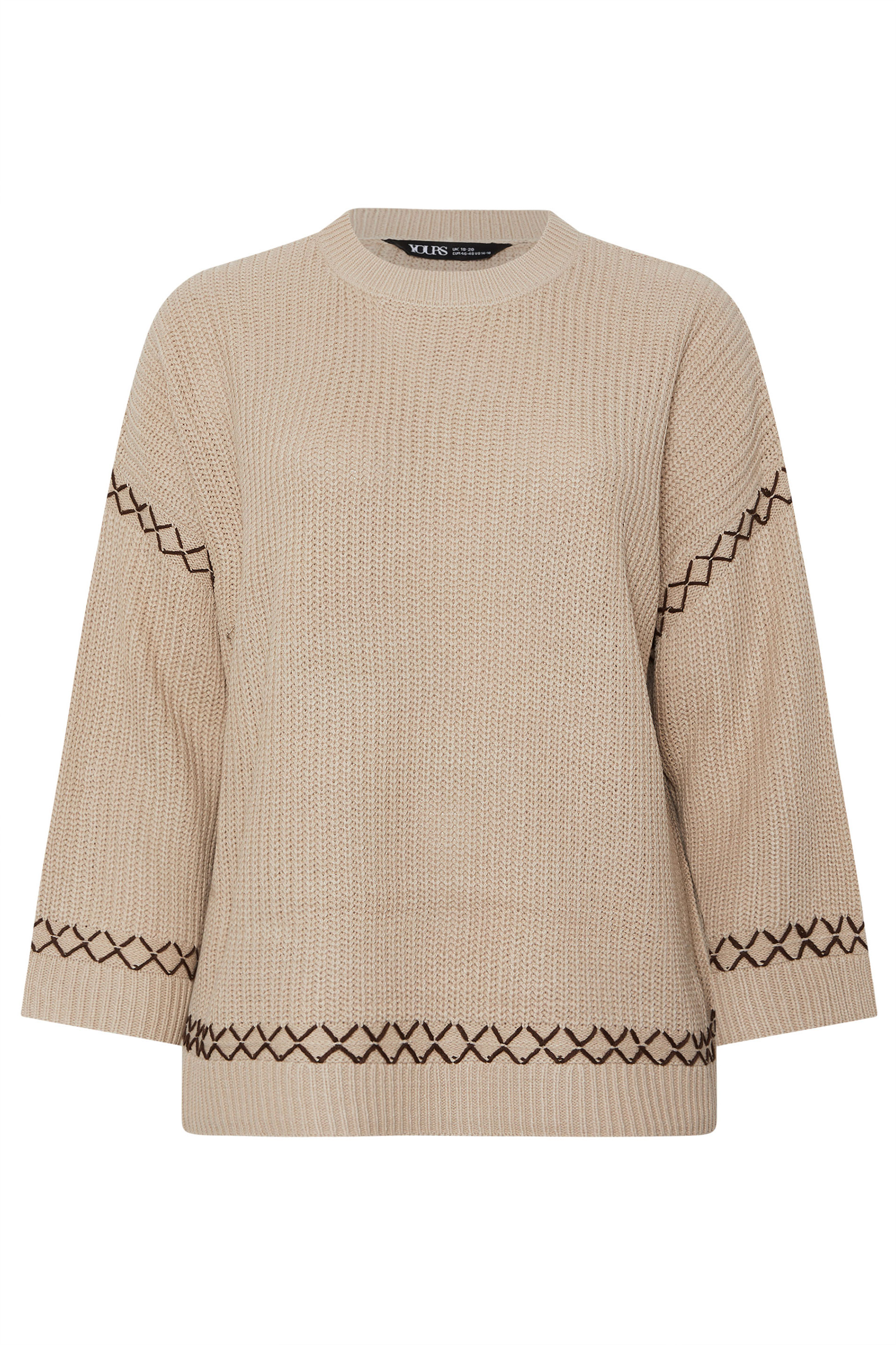 YOURS Plus Size Natural Brown Blanket Stitch Jumper | Yours Clothing 6