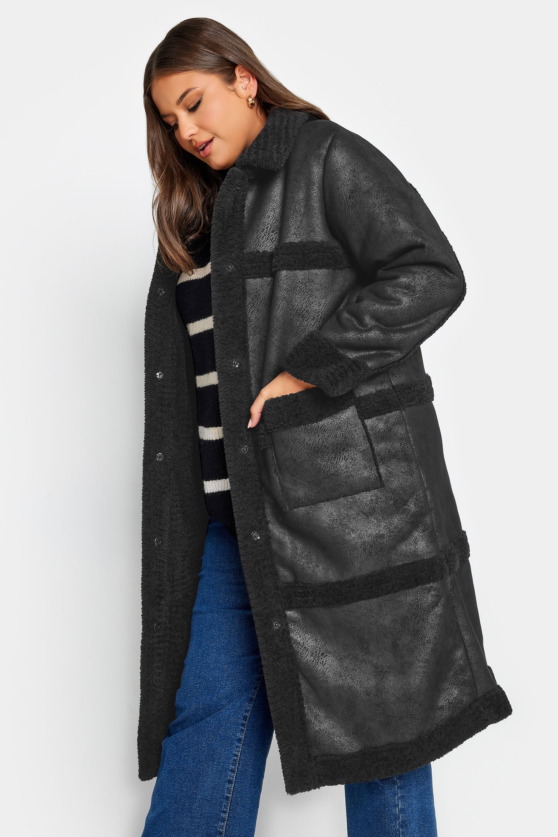 YOURS Curve Black Faux Fur PU Jacket | Yours Clothing 3