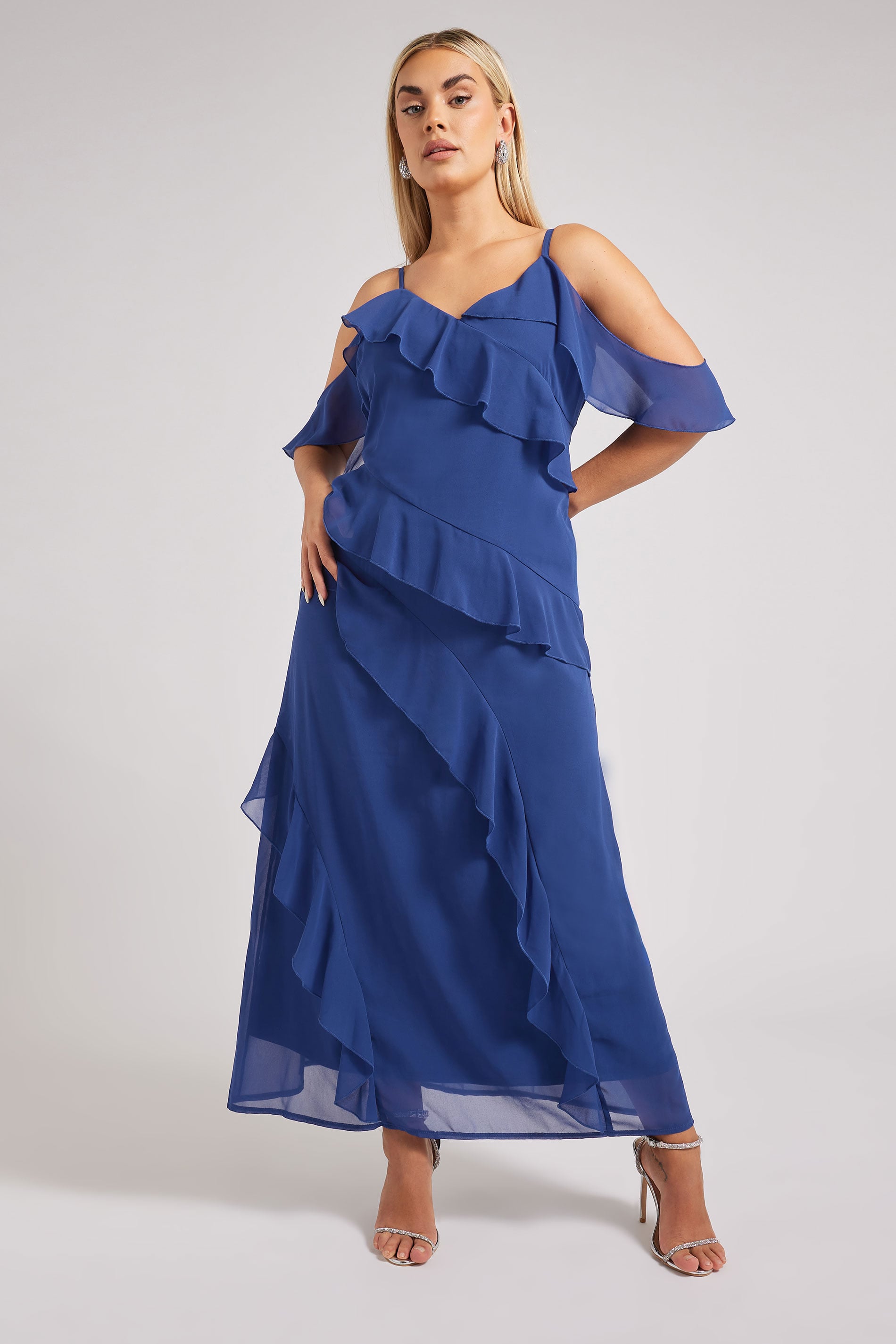 YOURS LONDON Plus Size Navy Blue Ruffle Cold Shoulder Dress | Yours Clothing 1