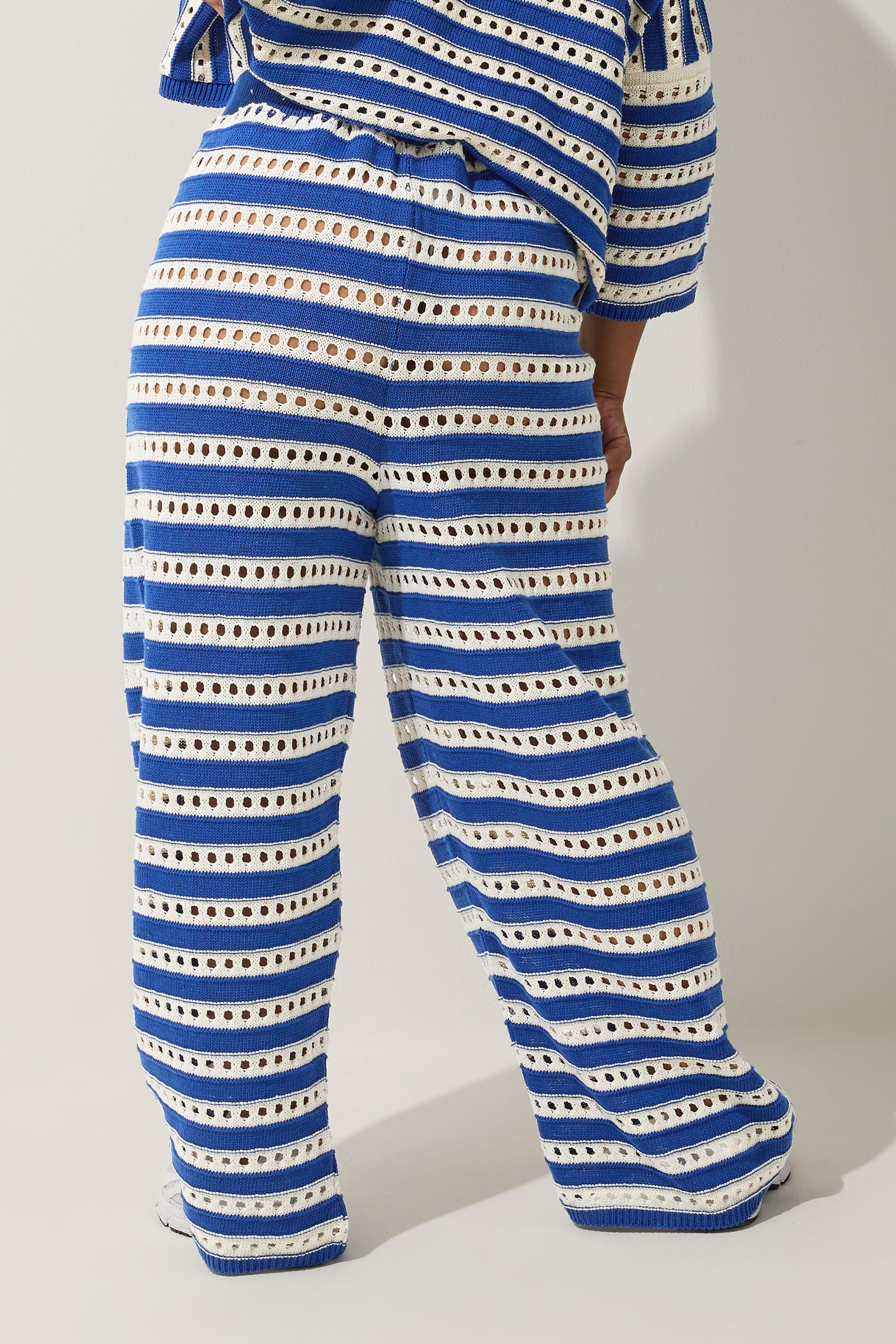 LIMITED COLLECTION Plus Size Blue & White Stripe Crochet Wide Leg Trousers | Yours Clothing 4