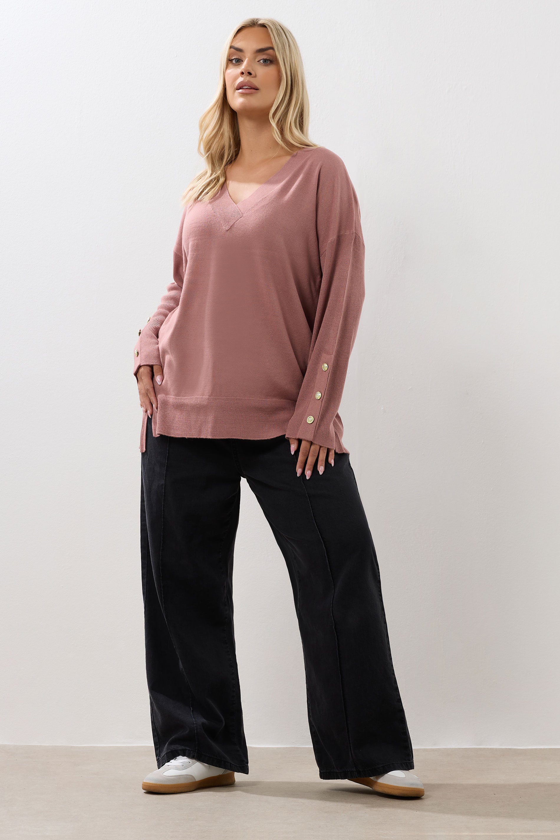YOURS Plus Size Light Pink Button V-Neck Jumper | Yours Clothing 1