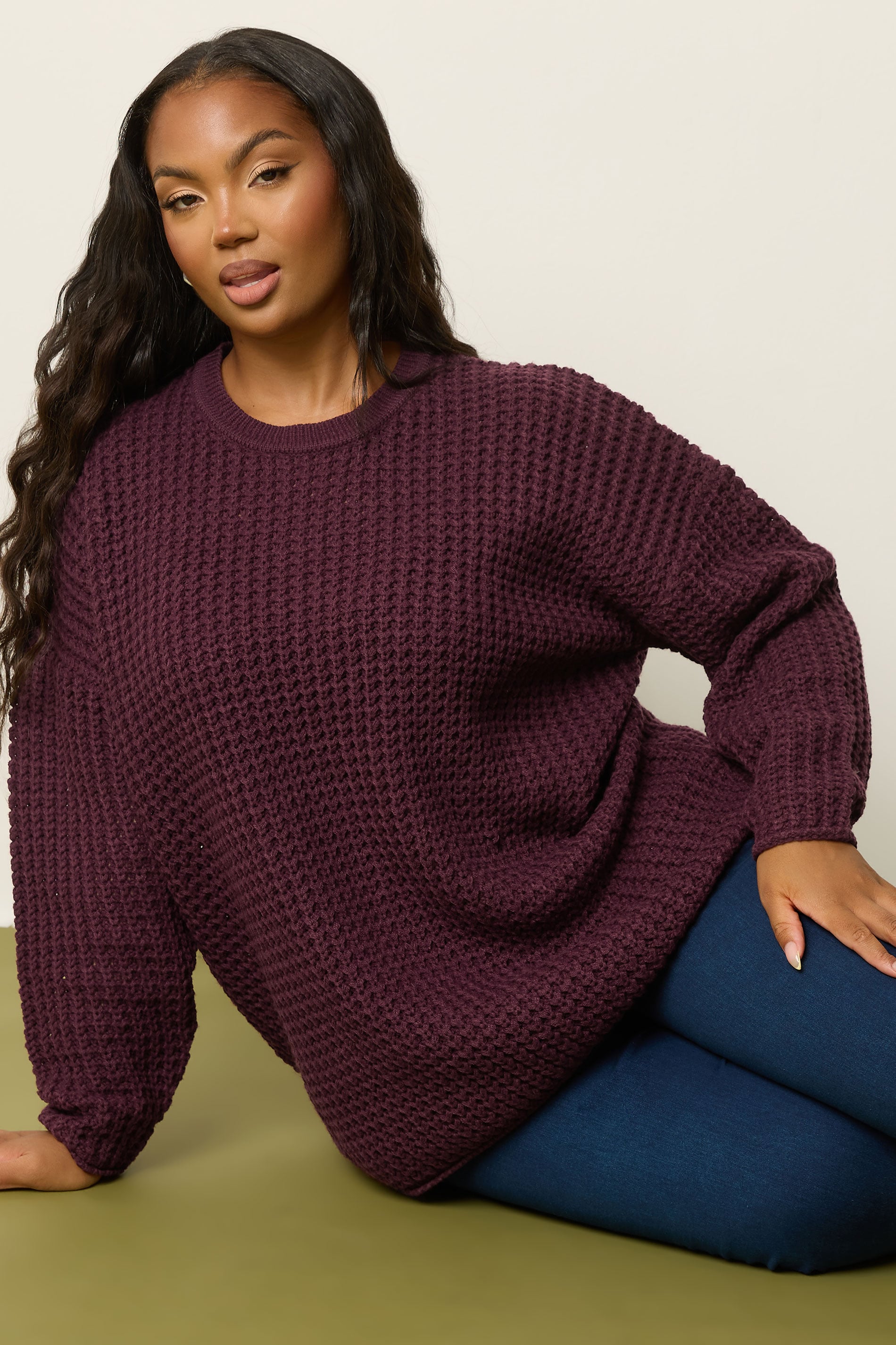 YOURS Plus Size Burgundy Red Waffle Knit Jumper | Yours Clothing 3
