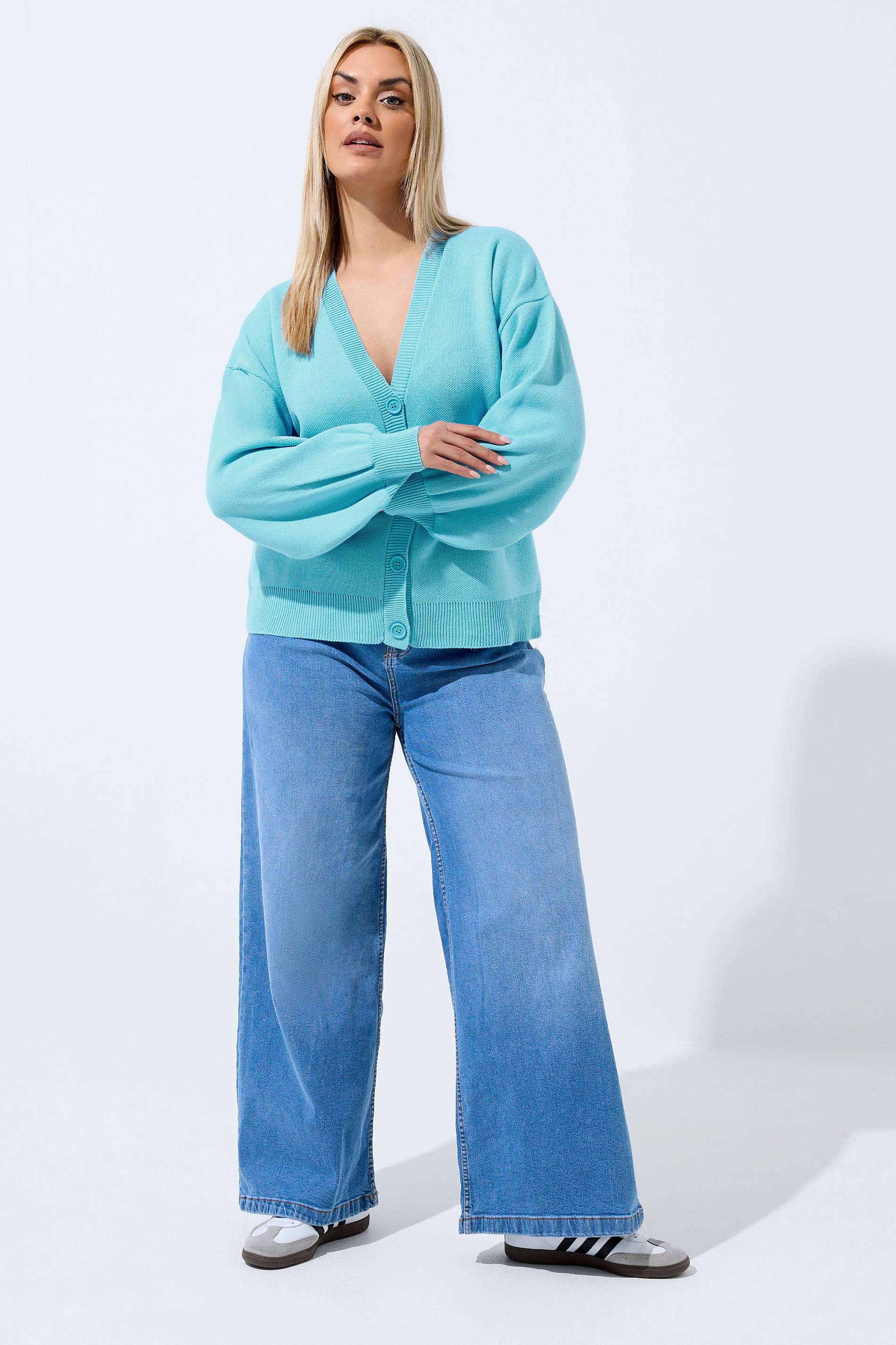 LIMITED COLLECTION Plus Size Light Blue Balloon Sleeve Knitted Cardigan | Yours Clothing 1