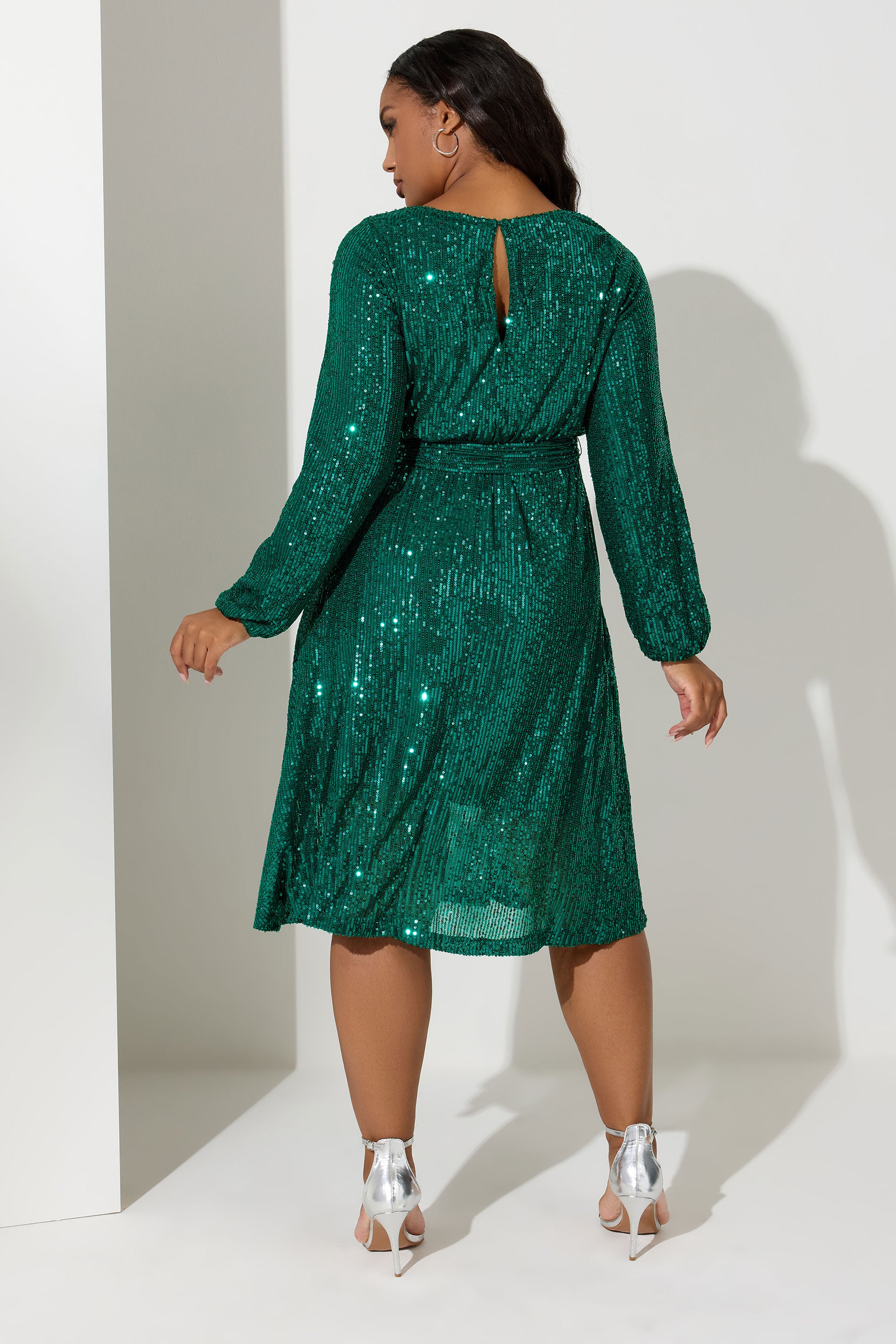 YOURS LONDON Plus Size Green Sequin Skater Midi Dress | Yours Clothing 2