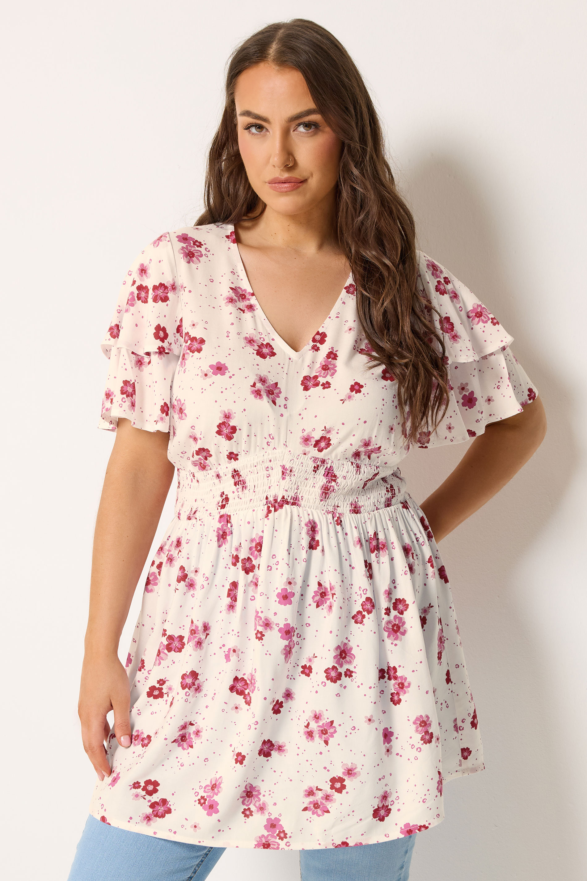 YOURS Plus Size White Floral Flutter Sleeve Top | Yours Clothing 3
