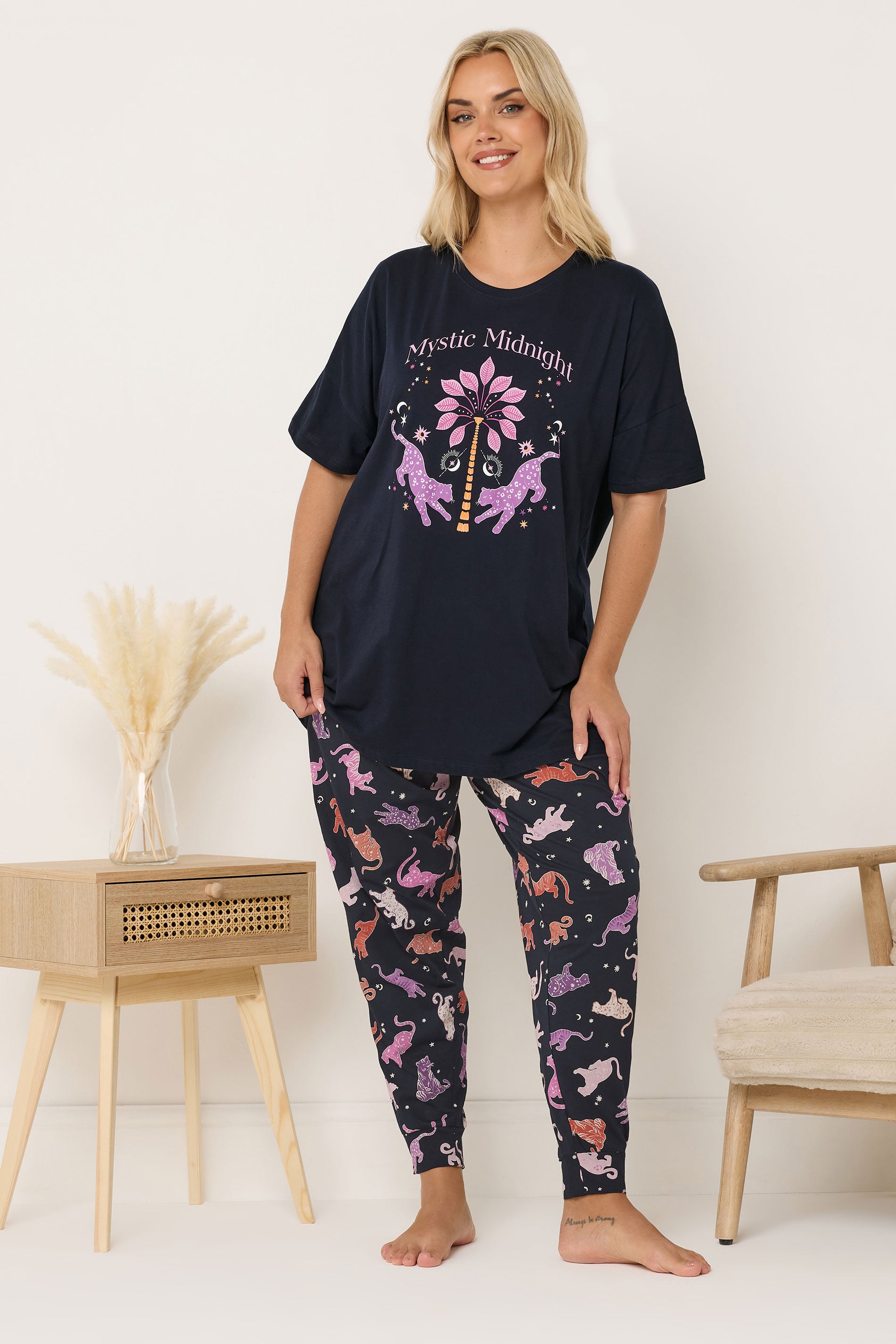 YOURS Plus Size Navy Blue 'Mystic Midnight' Cuffed Pyjama Set | Yours Clothing 3