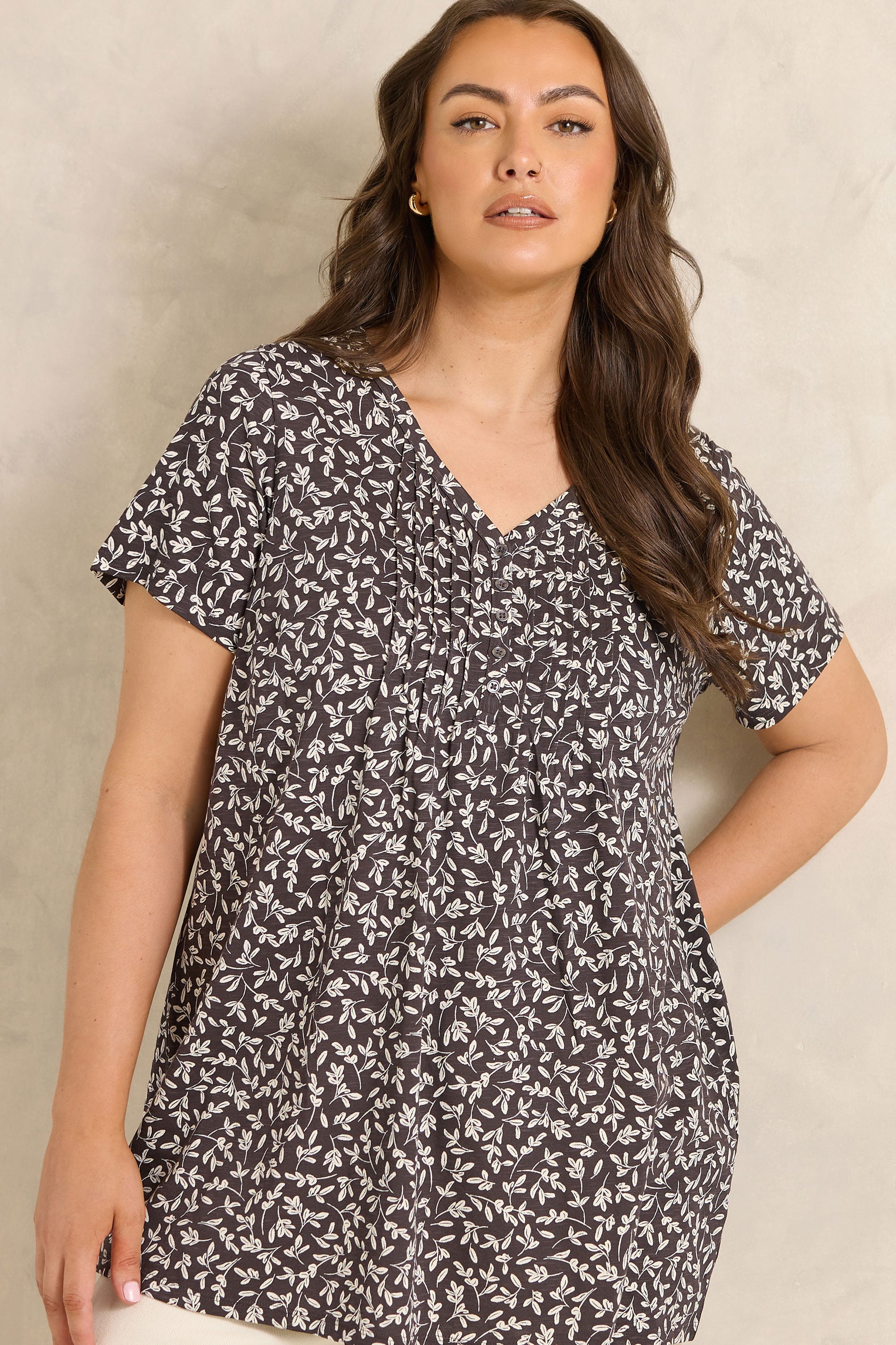 EVANS Plus Size Chocolate Brown Print Cotton Henley Top | Evans 3
