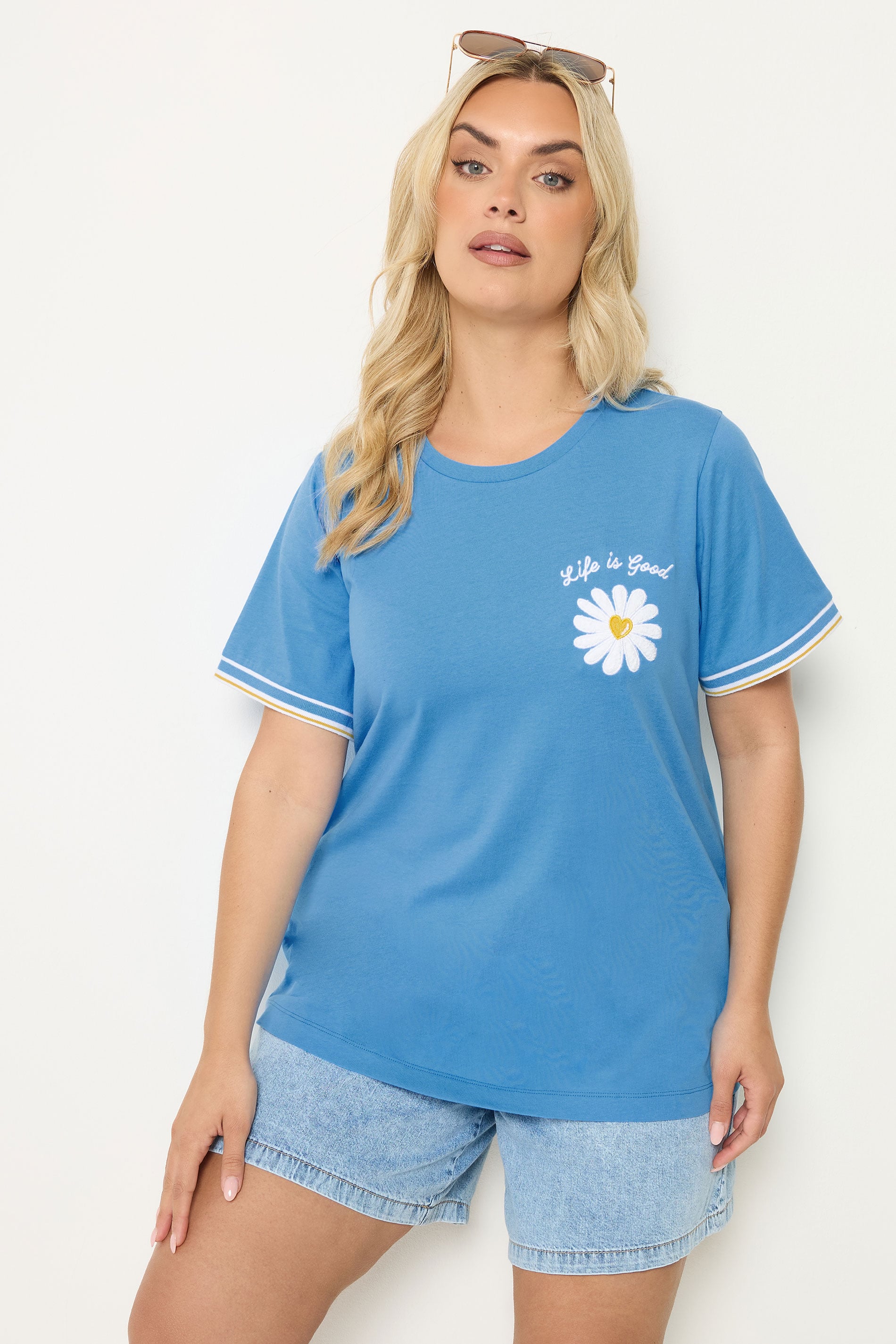 YOURS Plus Size Blue Varsity Trim Daisy T-Shirt | Yours Clothing 3