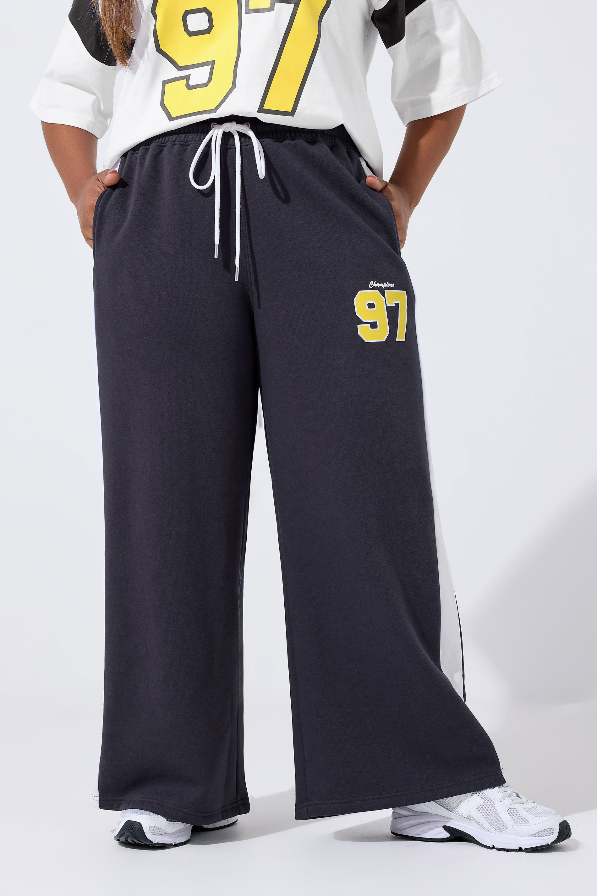 LIMITED COLLECTION Plus Size Navy Blue '97' Varsity Wide Leg Joggers | Yours Clothing 1