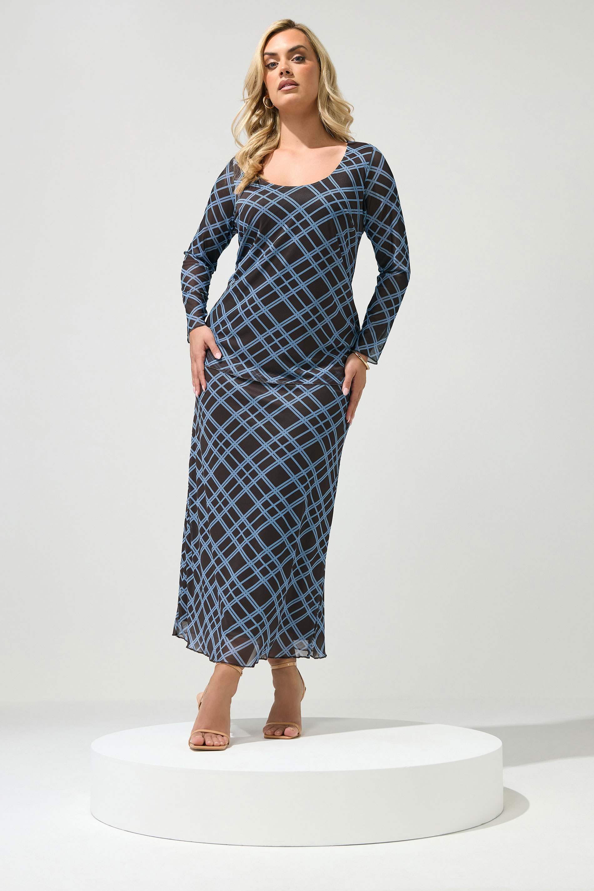YOURS LONDON Plus Size Brown & Blue Check Maxi Skirt | Yours Clothing 3