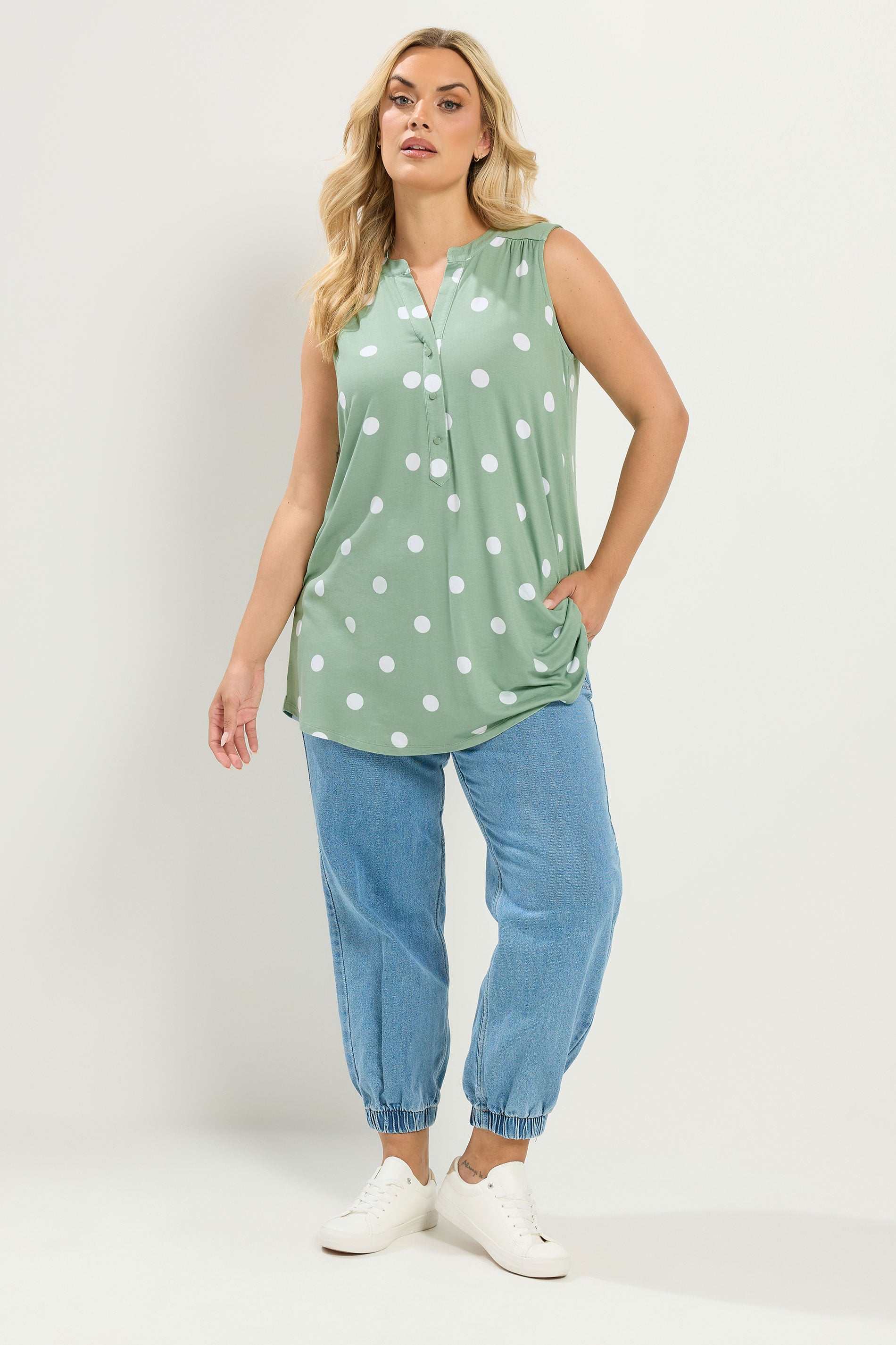 YOURS Plus Size Green Polka Dot Sleeveless Swing Blouse | Yours Clothing 1