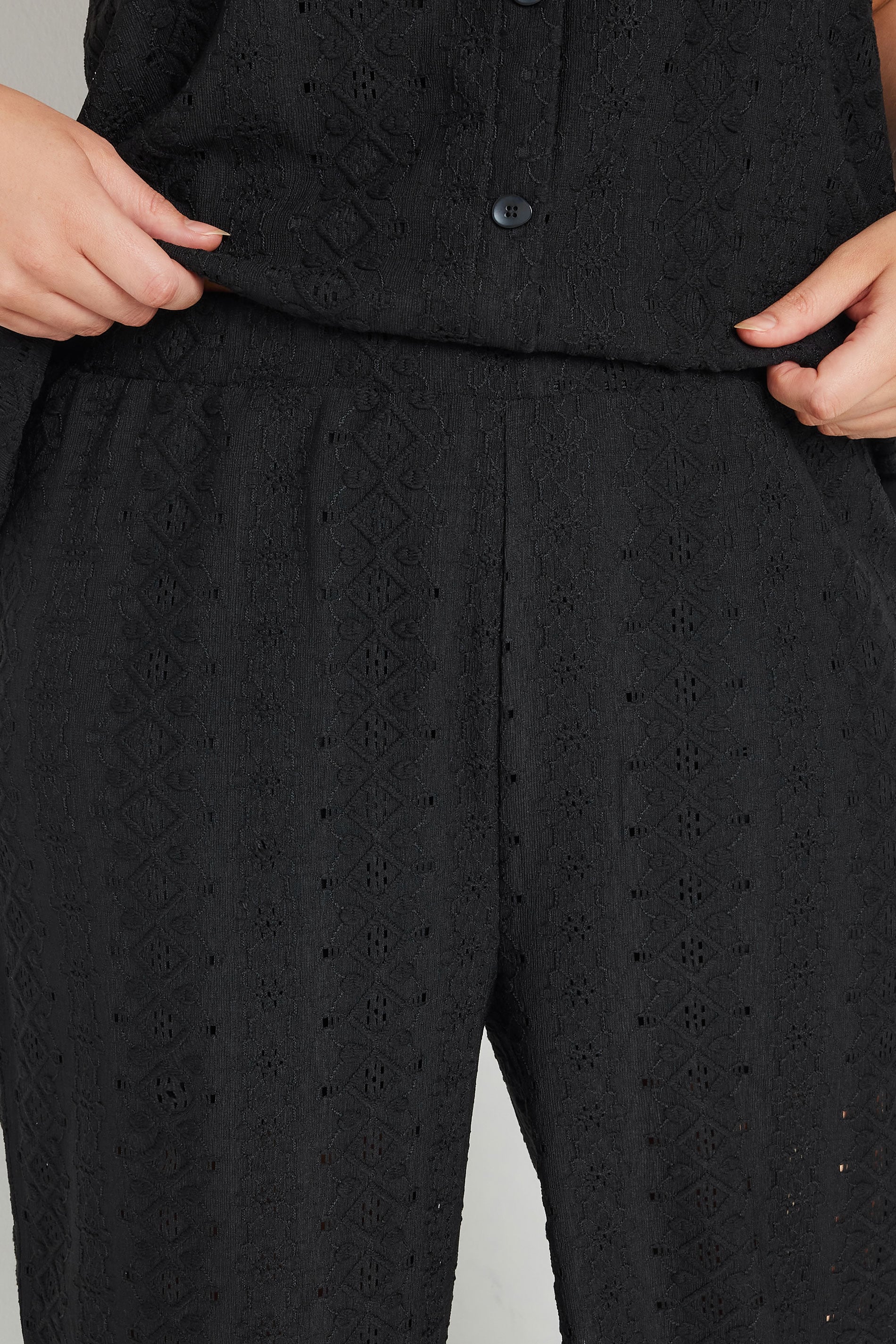 YOURS Plus Size Black Broderie Anglaise Wide Leg Trousers | Yours Clothing 4