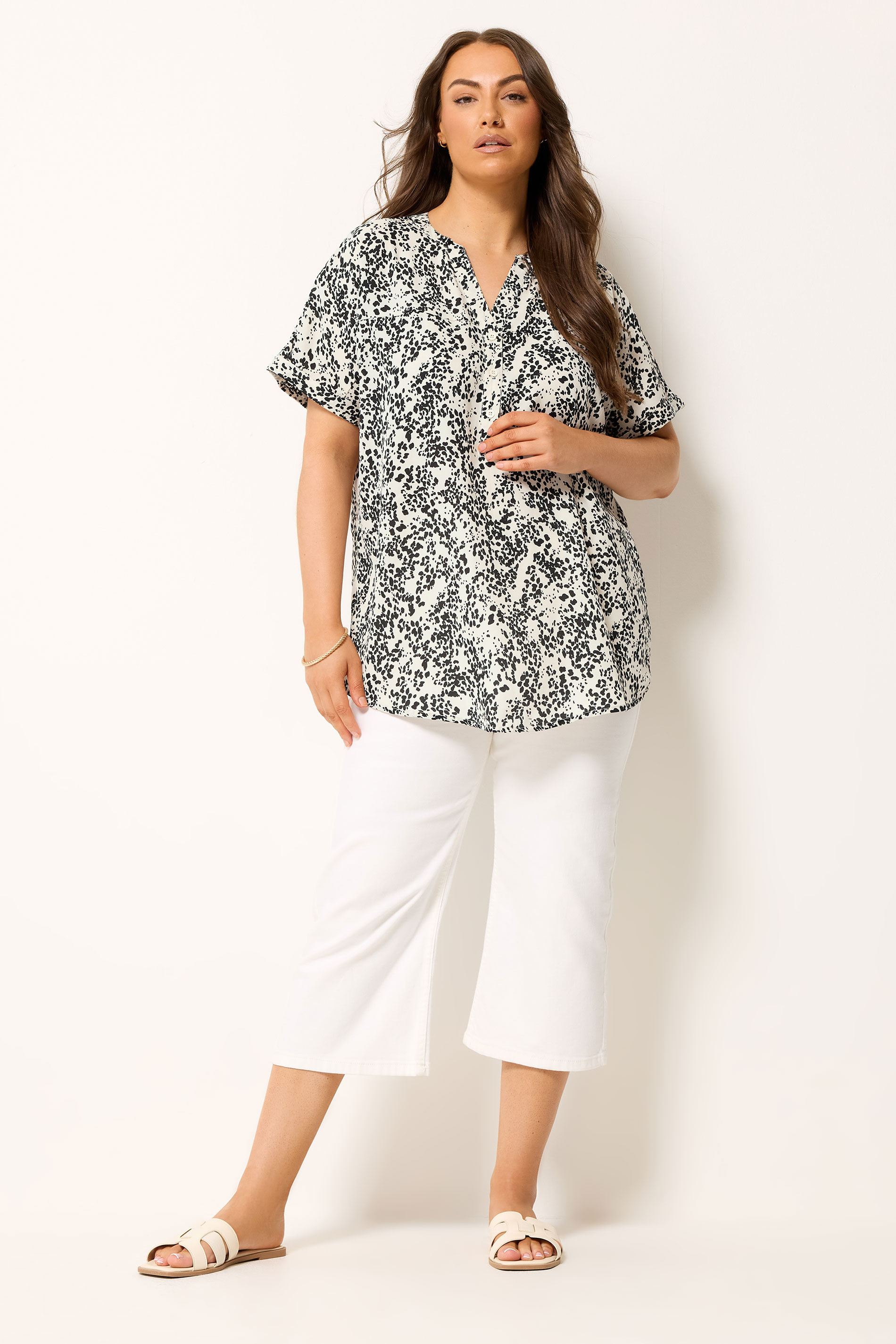 YOURS Curve Ivory White Dalmatian Print Notch Neck Blouse | Yours Clothing 1